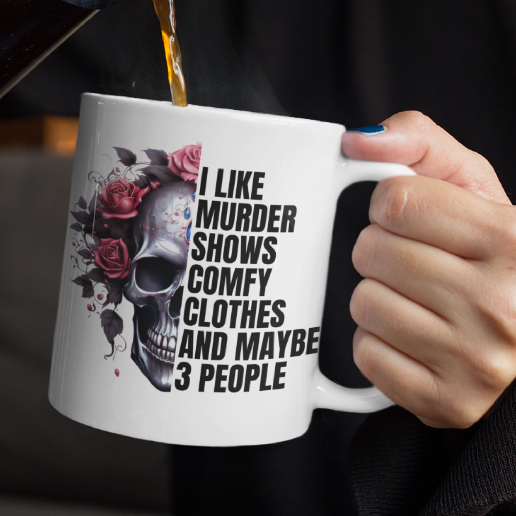 Murder shows and comfy clothes skull and roses documentary mug