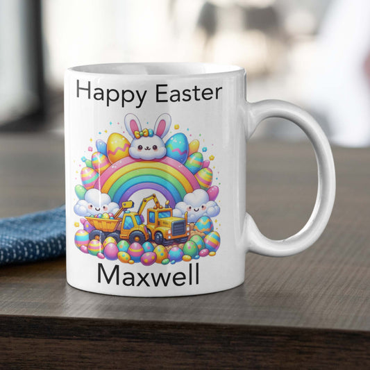 Children's Easter mug personalised with name construction vehicle theme for boys girls