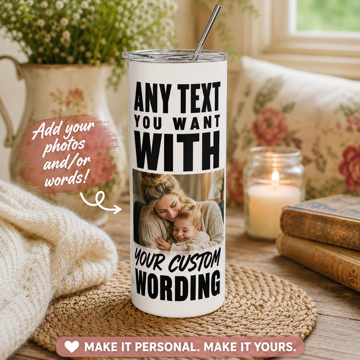 20oz custom personalised tumbler can be made with any photos and/pr text to your specifications. No copyright images can be used so please do not ask.