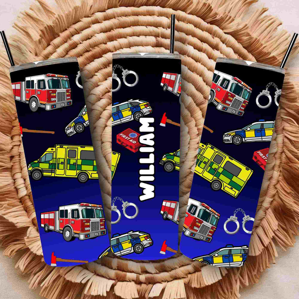 Emergency services police car fire engine ambulance tumbler personalised with any name