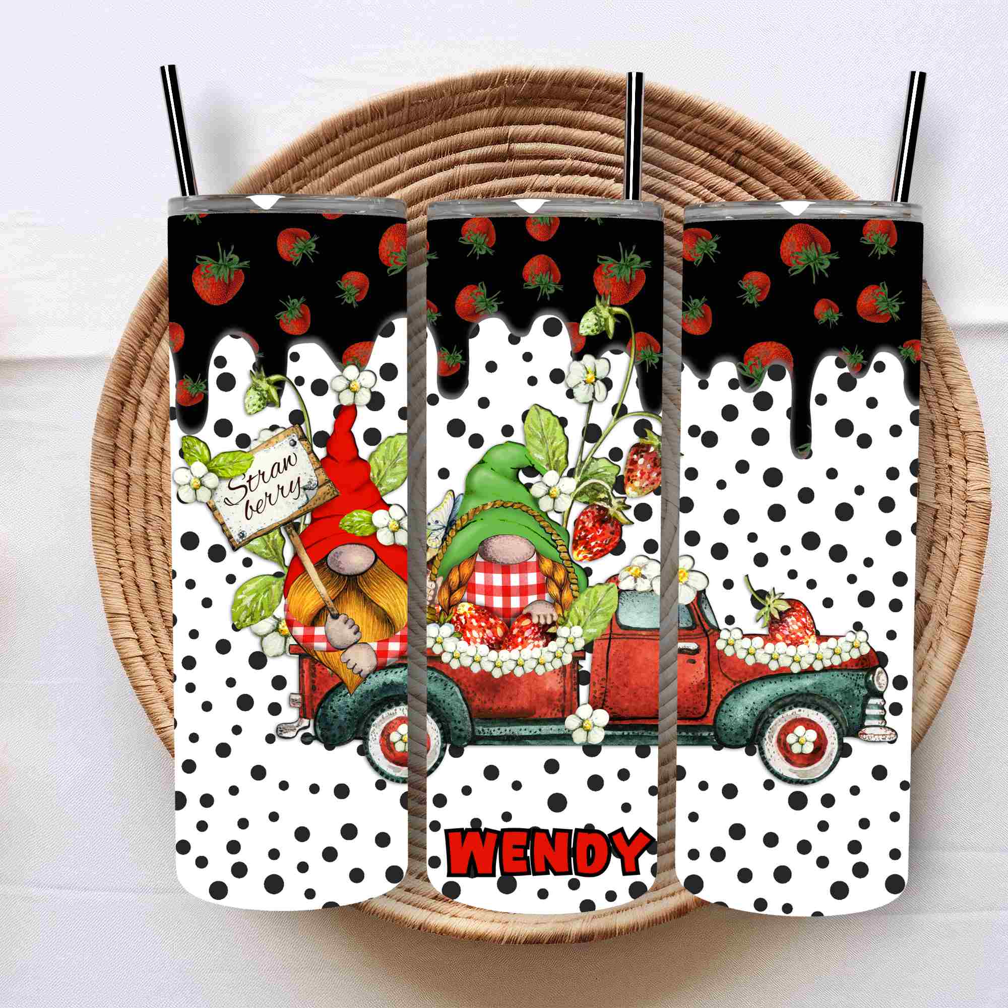 Strawberry polka dot gnome gonk personalised tumbler 20oz