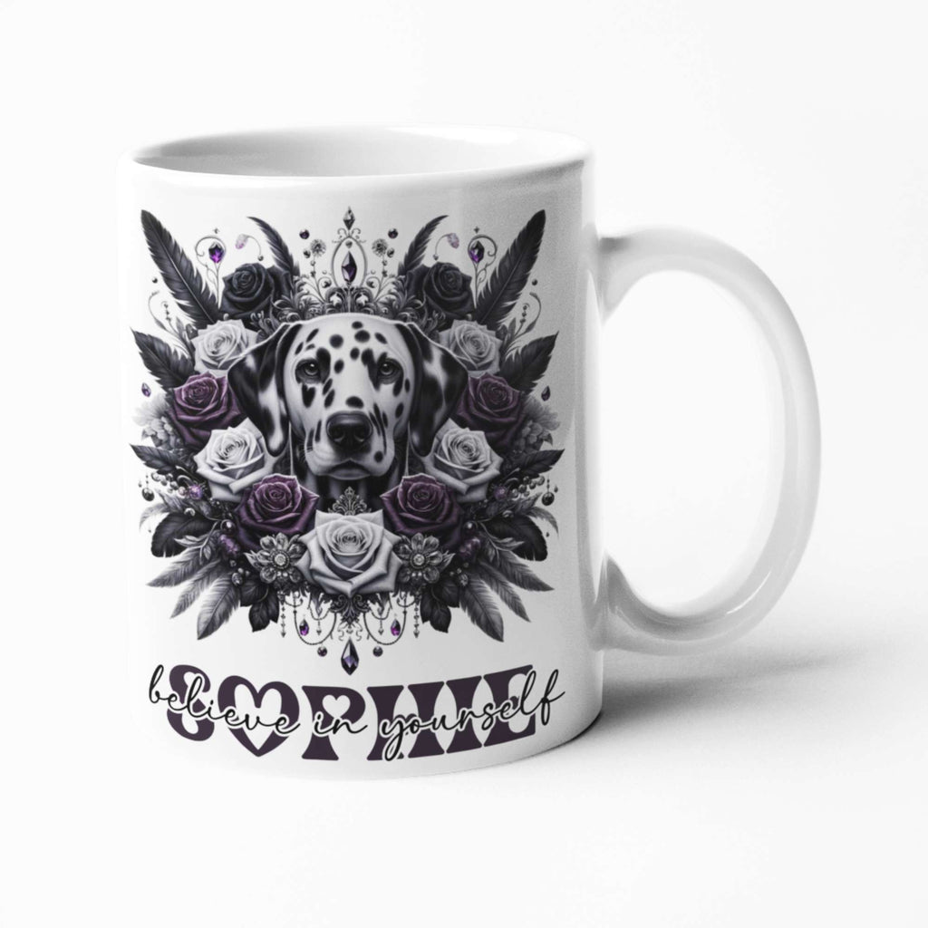 Dalmatian Dog Mug & Tumbler | 'Believe in Yourself' Inspirational Quote | Custom Name Drinkware, 11oz/15oz Mugs, Coasters