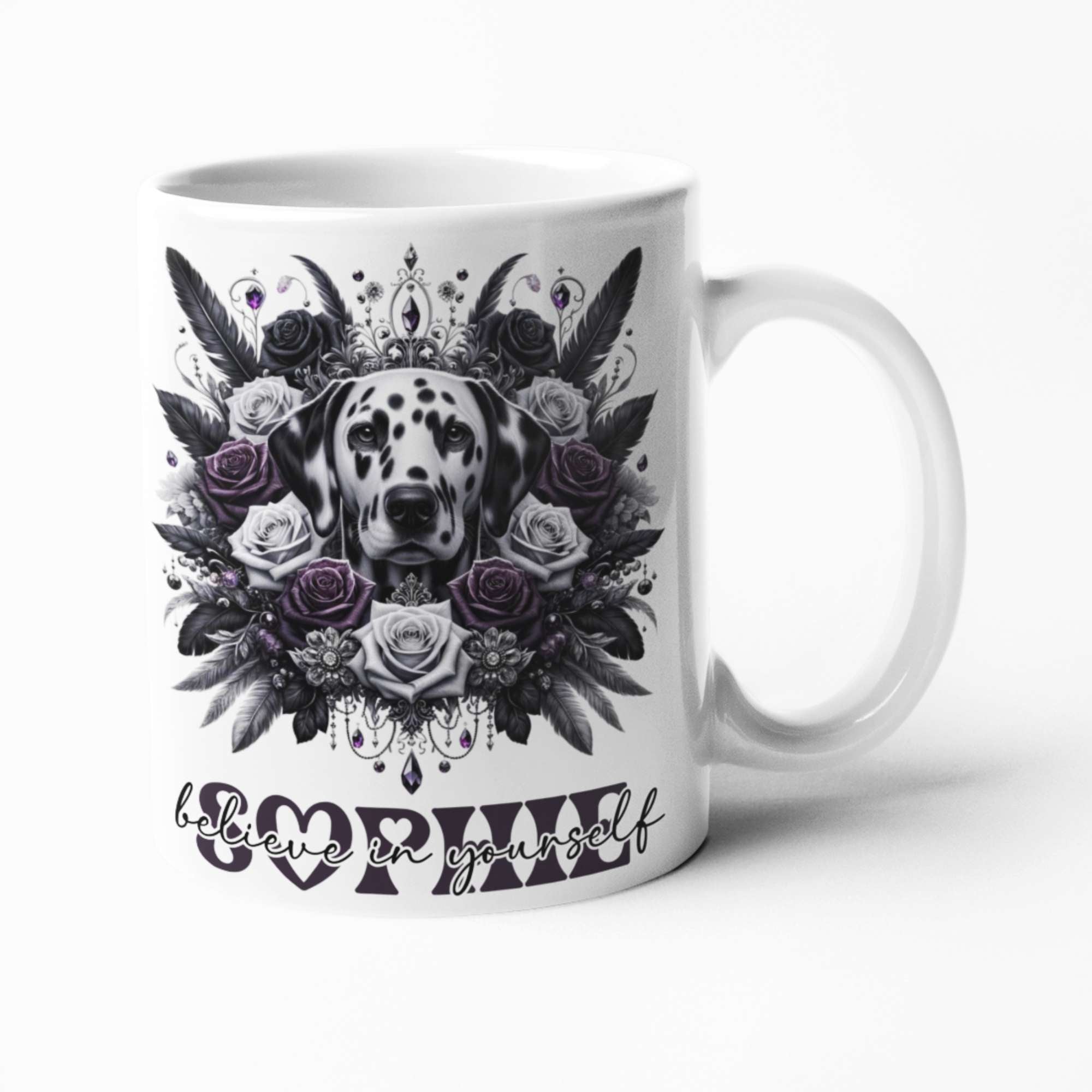 Dalmatian Dog Mug & Tumbler | 'Believe in Yourself' Inspirational Quote | Custom Name Drinkware, 11oz/15oz Mugs, Coasters