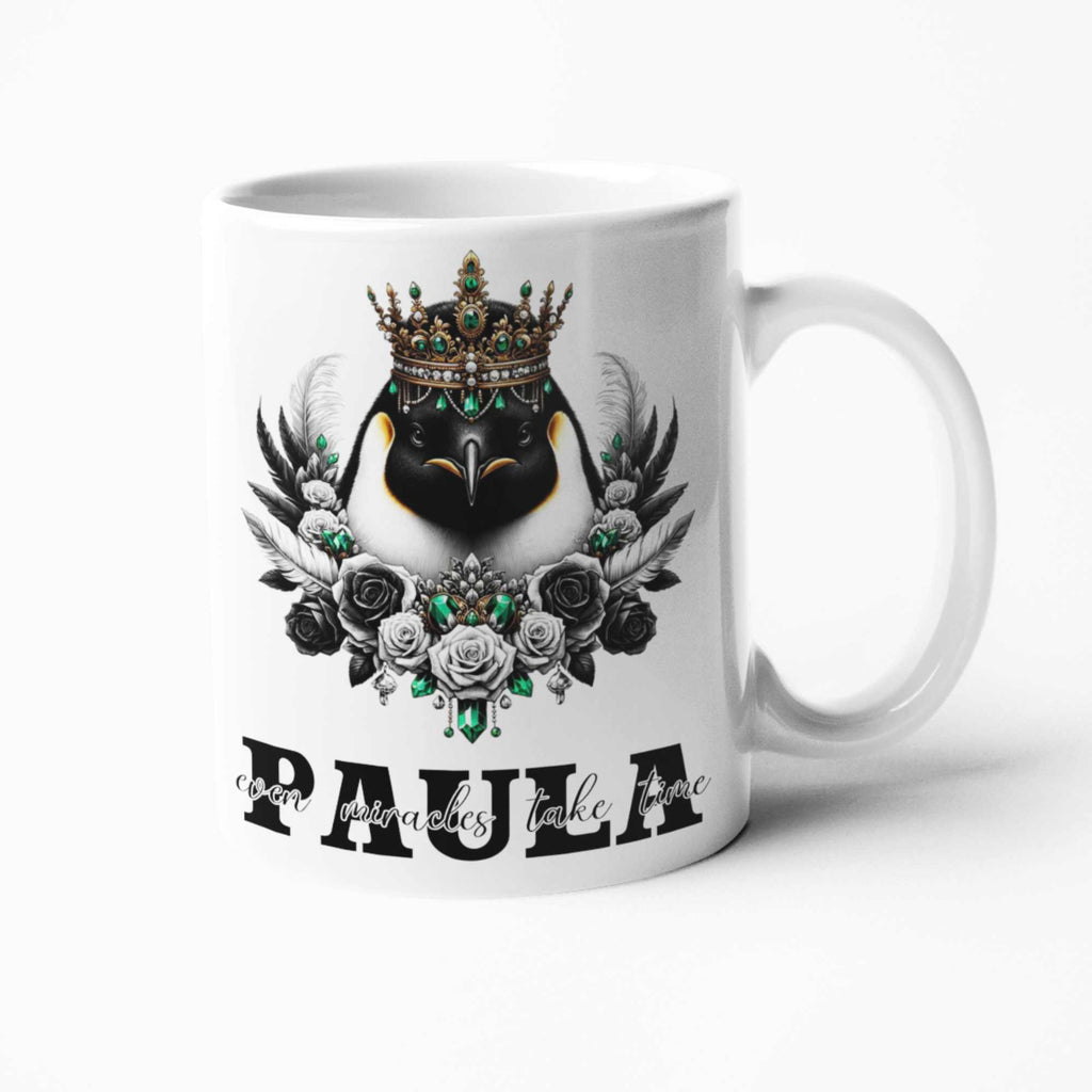 Regal Penguin Crowned Drinkware: Personalized 11oz/15oz Mugs, 20oz Insulated Tumblers, Elegant Coasters - Timeless Gifts for Animal Lovers