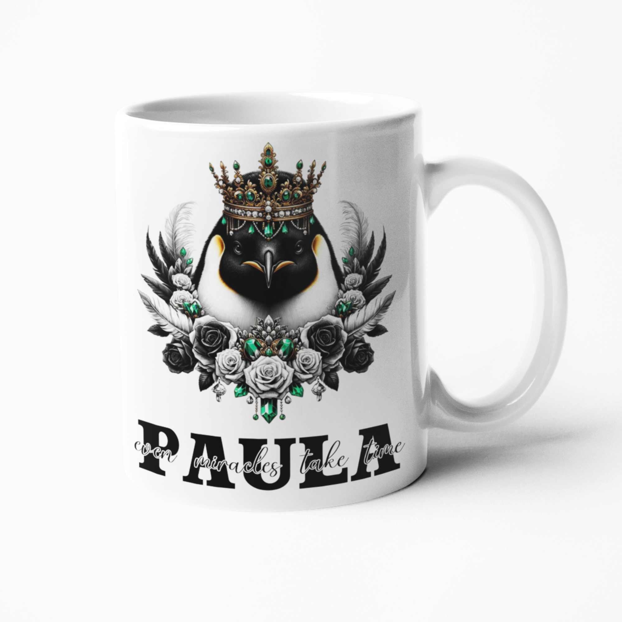 Regal Penguin Crowned Drinkware: Personalized 11oz/15oz Mugs, 20oz Insulated Tumblers, Elegant Coasters - Timeless Gifts for Animal Lovers