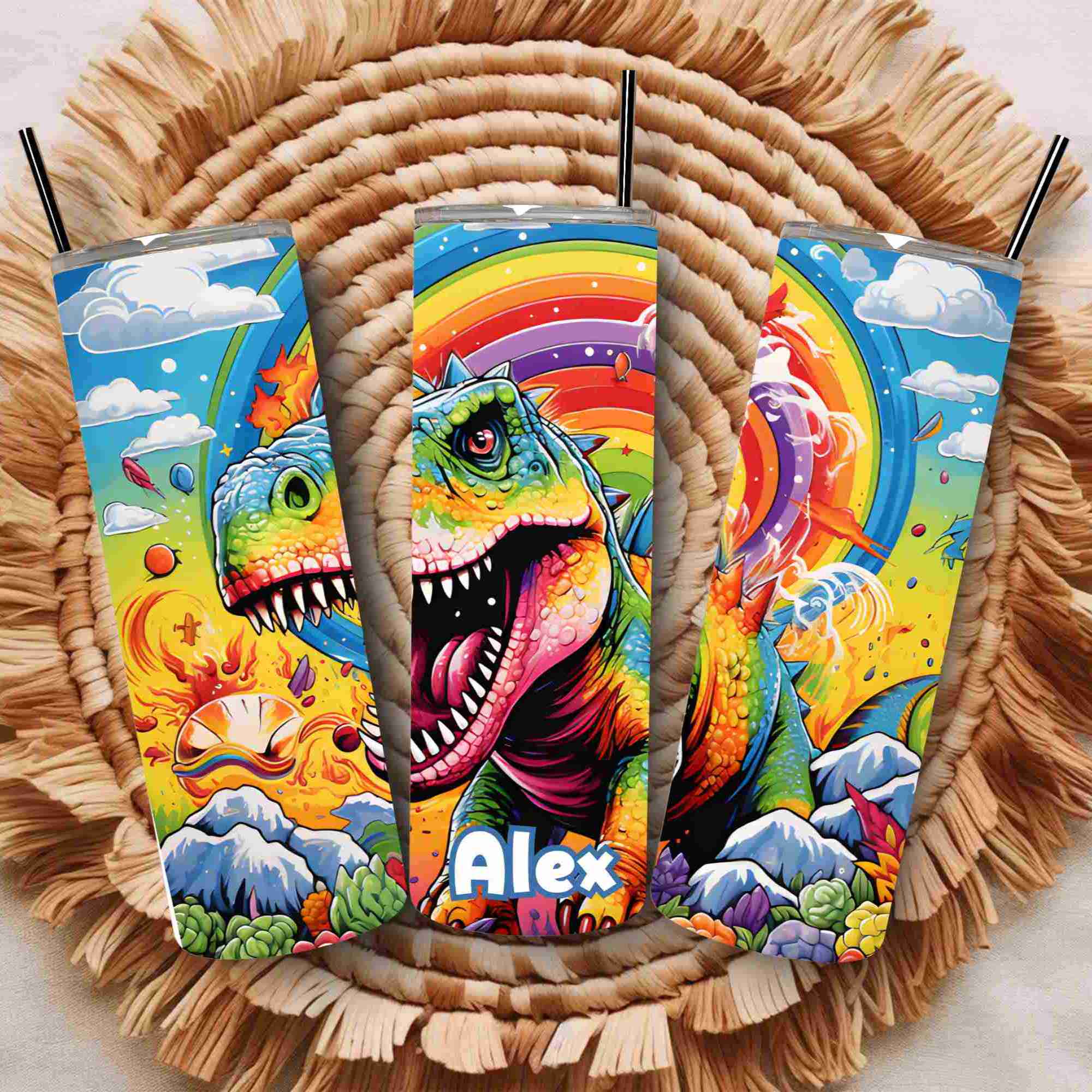 Rainbow dinosaur 20oz tumbler for boys or girls