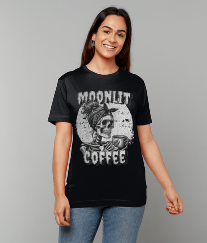 Moonlit Coffee Skeleton T-Shirt | Spooky Coffee Lover Tee | Gothic Women's Shirt | Halloween Gift | Unisex Sizes S-5XL | Quirky Skull Fashion