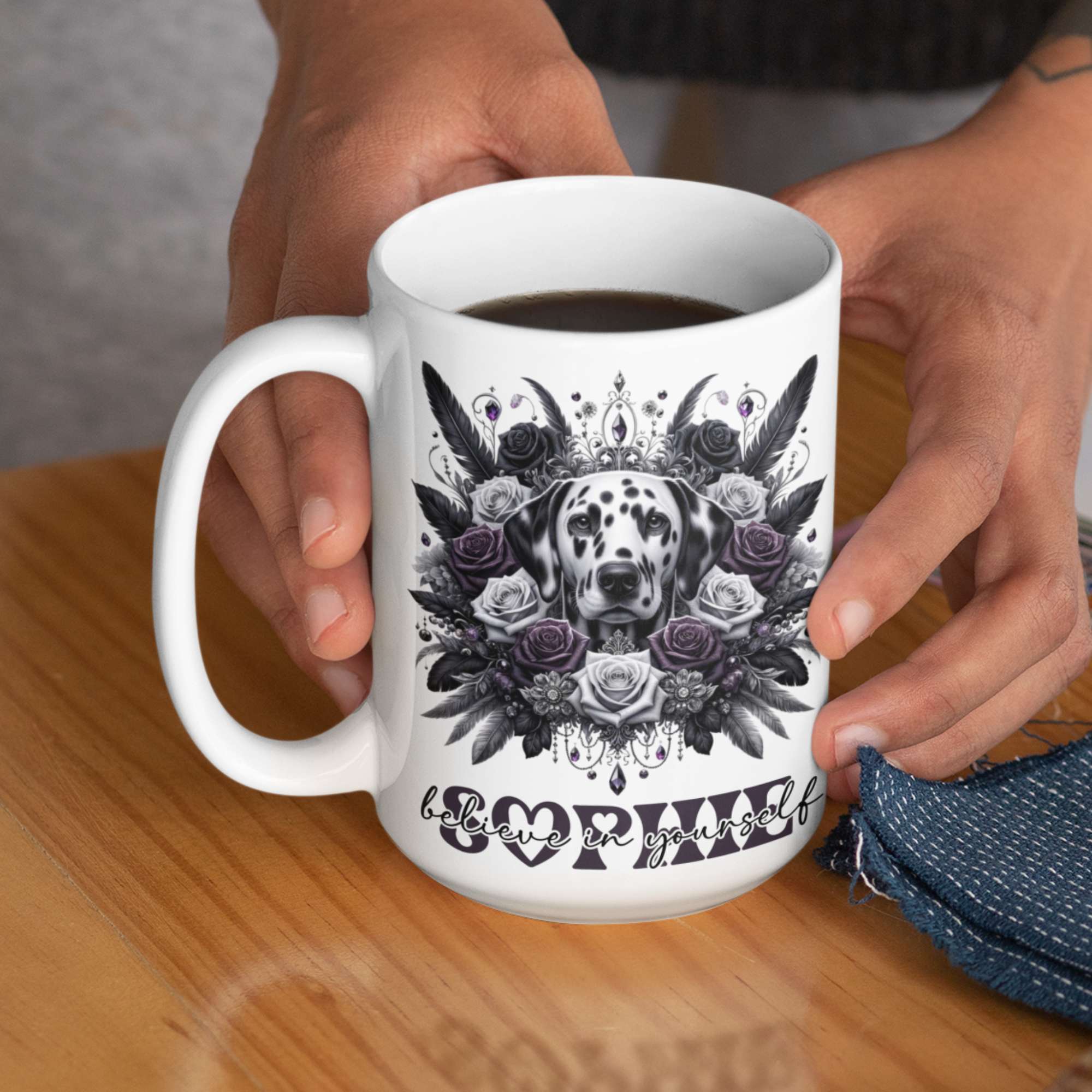 Dalmatian Dog Mug & Tumbler | 'Believe in Yourself' Inspirational Quote | Custom Name Drinkware, 11oz/15oz Mugs, Coasters