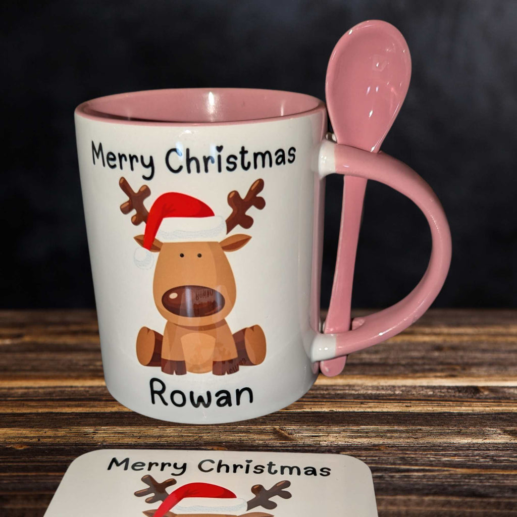 Reindeer Mug & Coaster Set with Custom Name – Pink Ceramic Mug with Matching Spoon 🎅 Perfect Festive Gift for Hot Chocolate, Coffee, & Tea Lovers This Christmas 🎄 Stocking Filler, Secret Santa, Christmas Morning