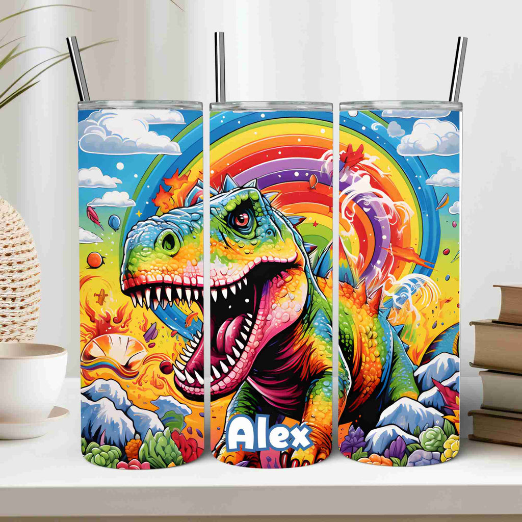Rainbow dinosaur 20oz tumbler for boys or girls