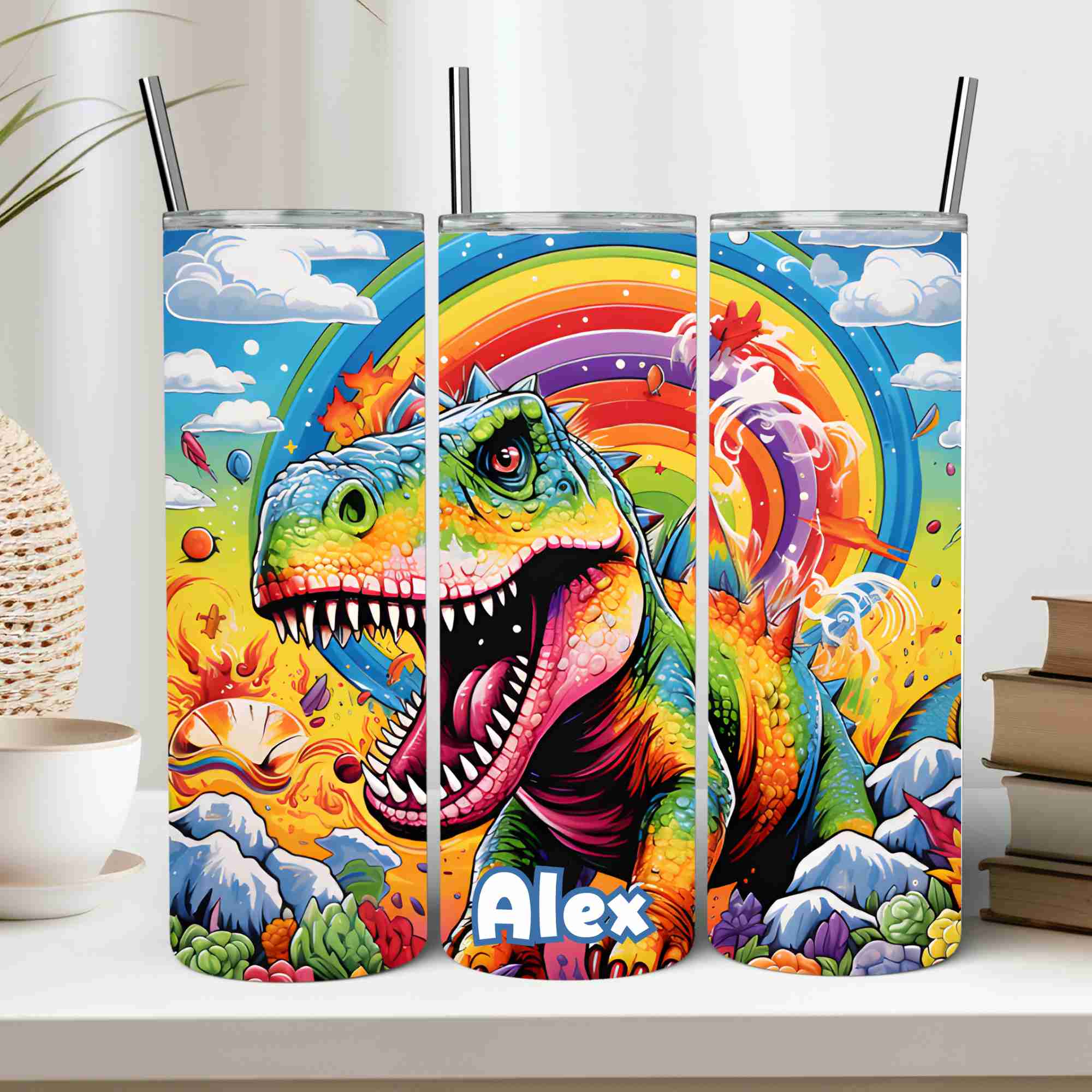 Rainbow dinosaur 20oz tumbler for boys or girls