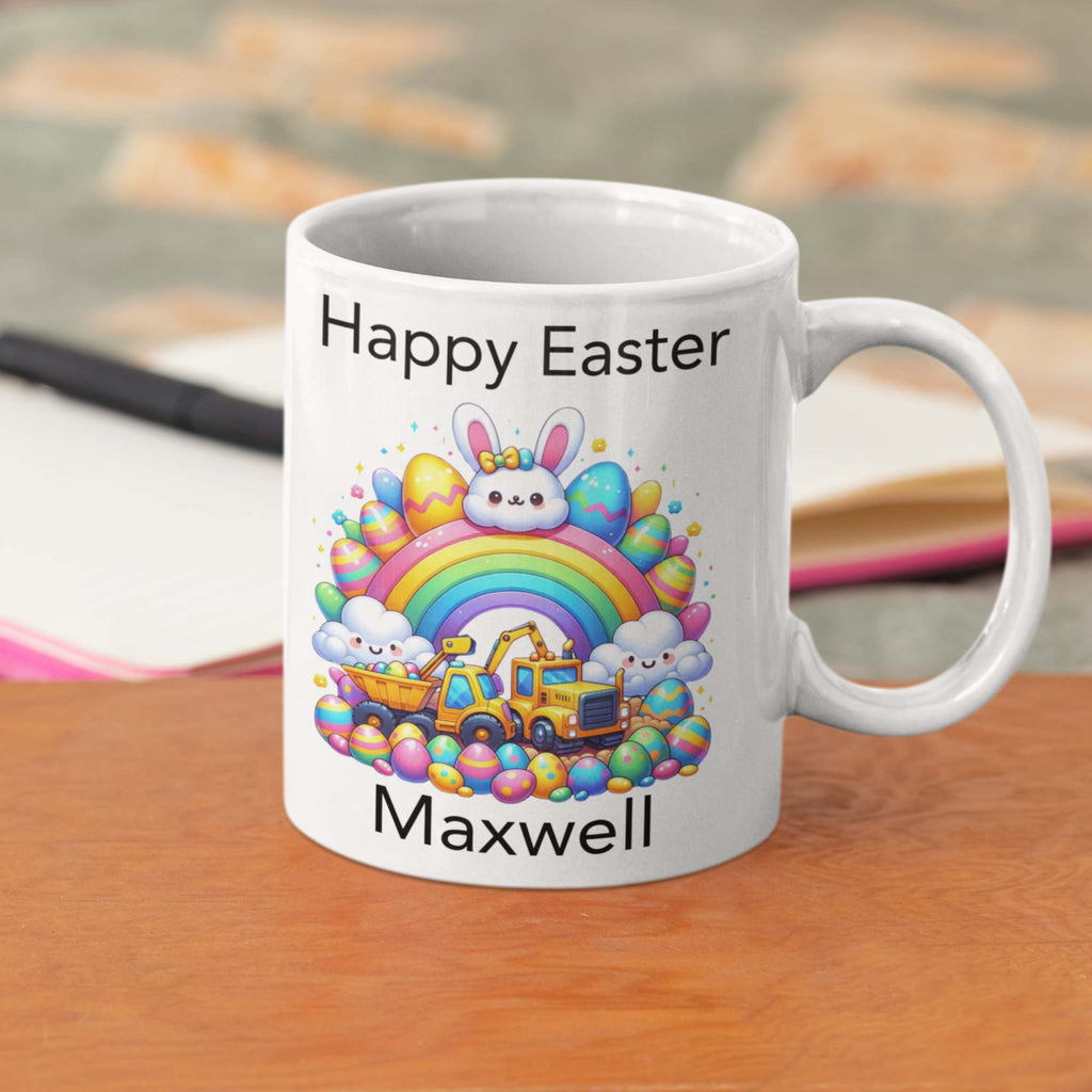 Children's Easter mug personalised with name construction vehicle theme for boys girls