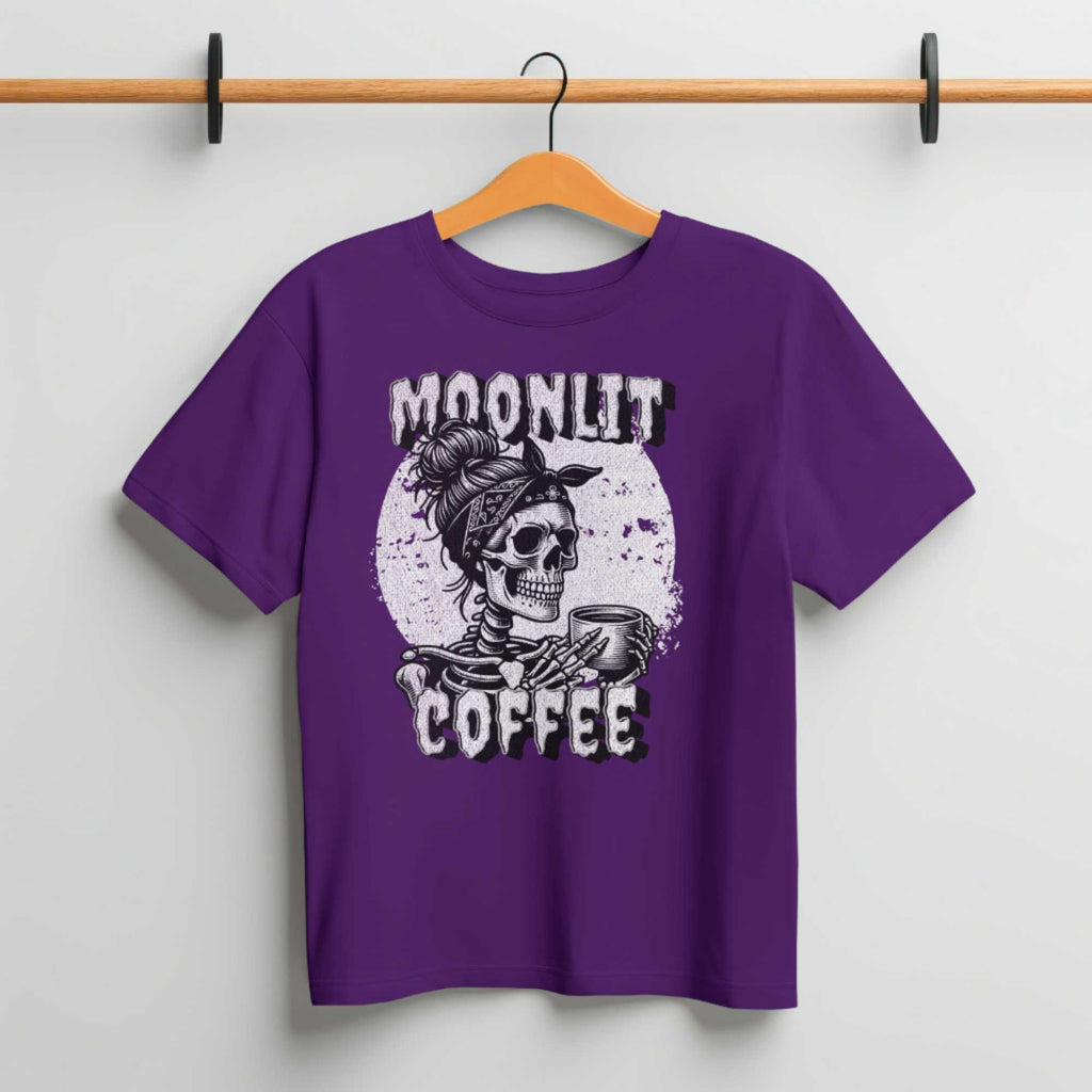 Moonlit Coffee Skeleton T-Shirt | Spooky Coffee Lover Tee | Gothic Women's Shirt | Halloween Gift | Unisex Sizes S-5XL | Quirky Skull Fashion