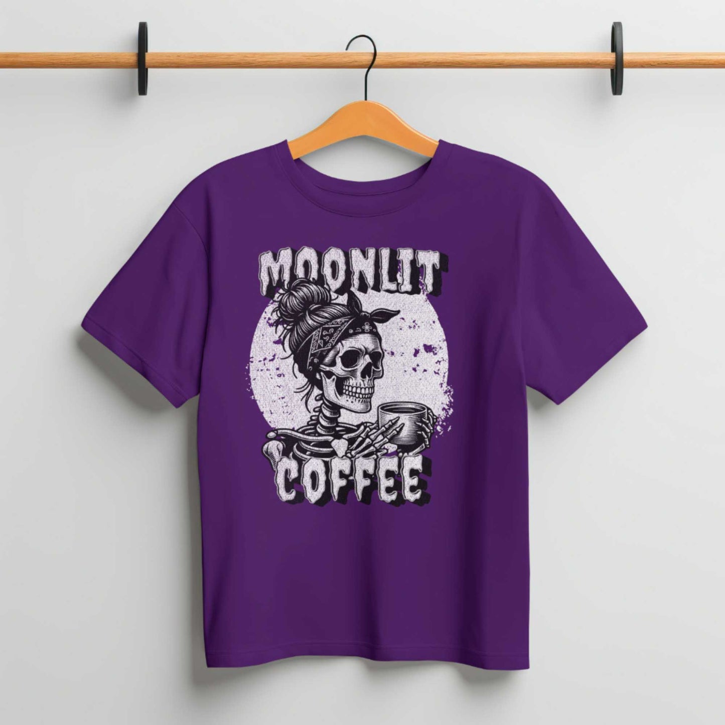 Moonlit Coffee Skeleton T-Shirt | Spooky Coffee Lover Tee | Gothic Women's Shirt | Halloween Gift | Unisex Sizes S-5XL | Quirky Skull Fashion
