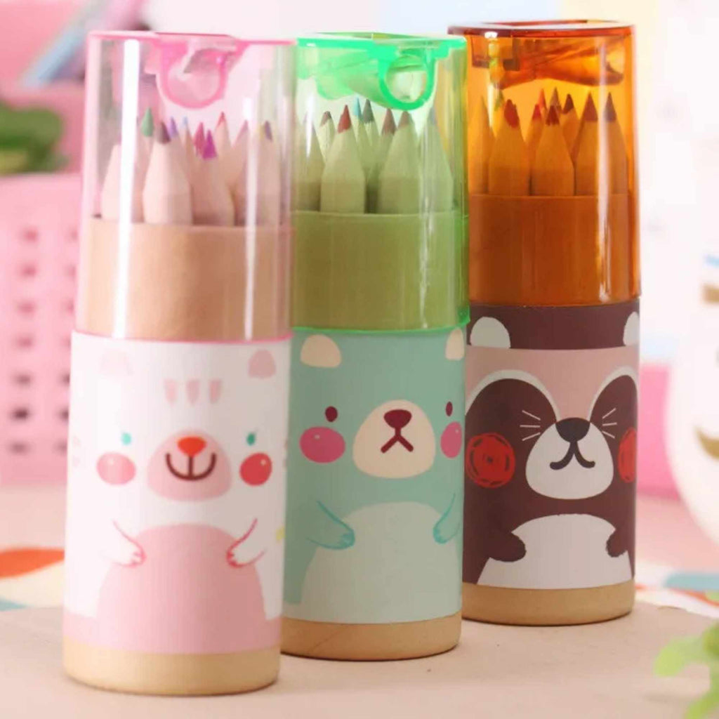 Animal Mini Colour Pencil Set with built in Sharpener | 12 Colour Pencils for Kids | Fits Inside Mugs | Perfect Party Favours & Creative Gifts