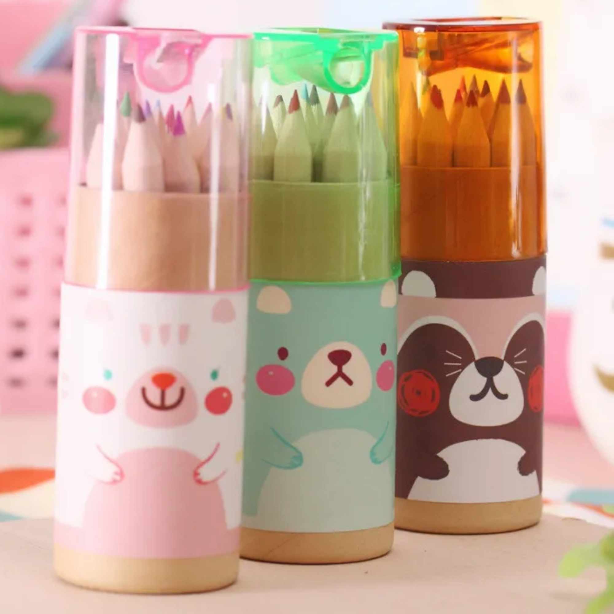 Animal Mini Colour Pencil Set with built in Sharpener | 12 Colour Pencils for Kids | Fits Inside Mugs | Perfect Party Favours & Creative Gifts