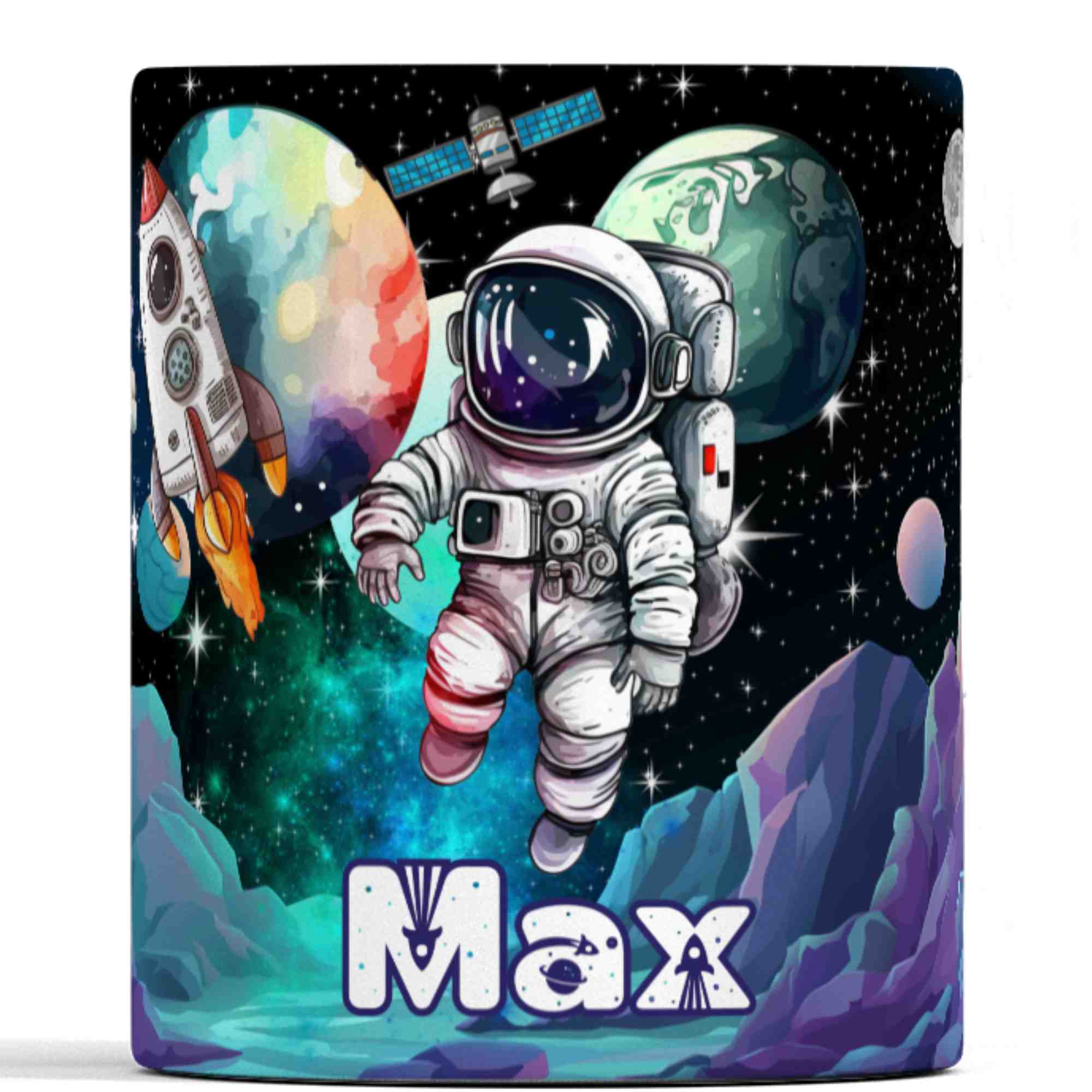 Space theme astronaut planets rockets 11oz mug with any name