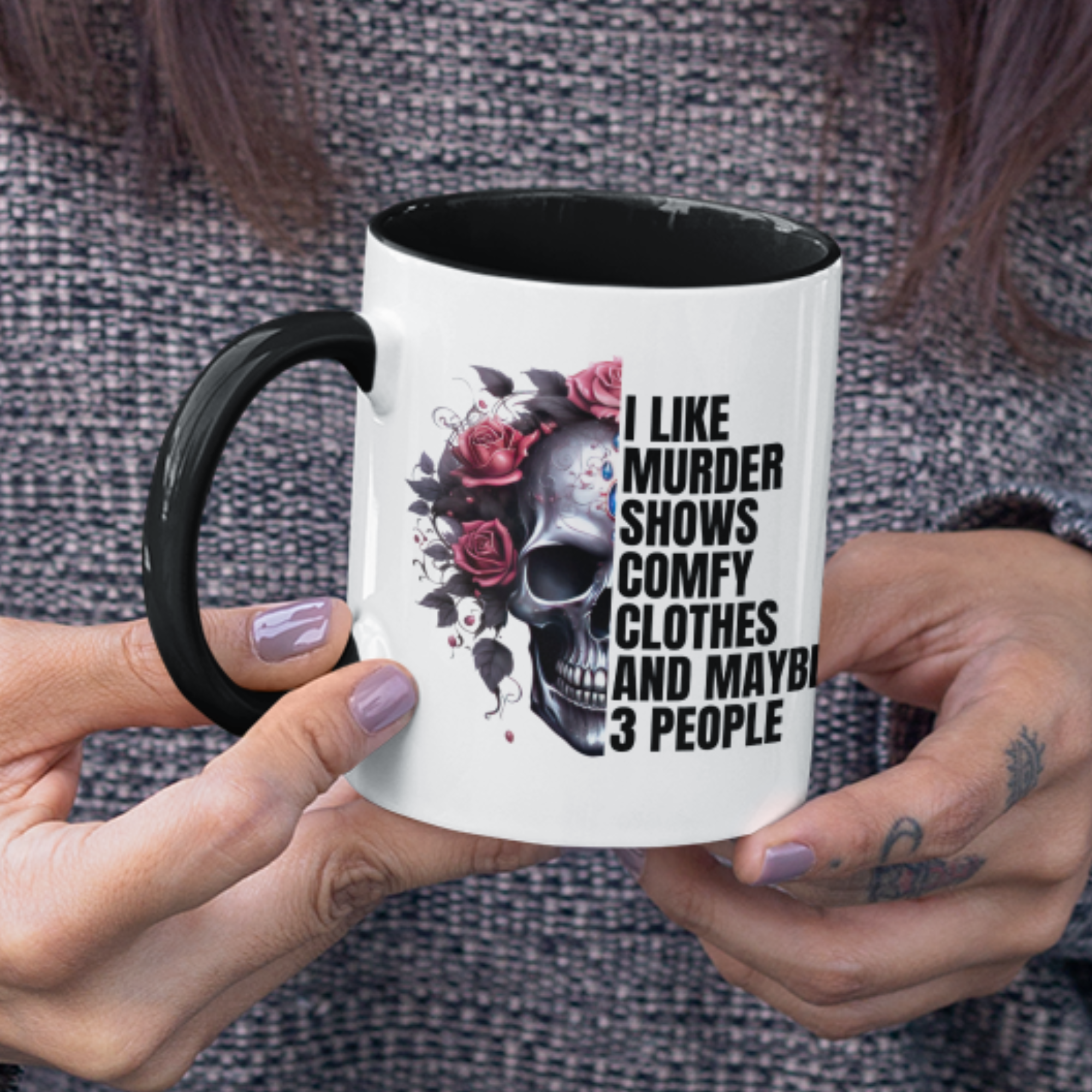 Murder shows and comfy clothes skull and roses documentary mug