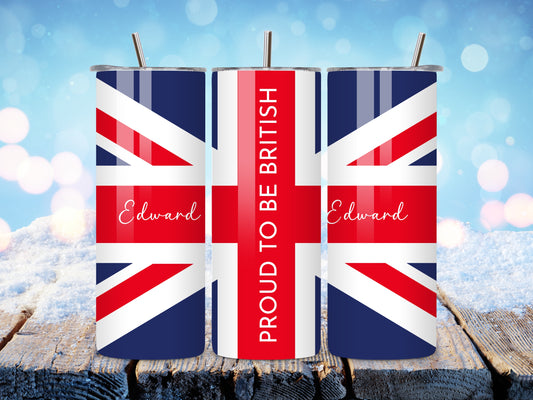 PROUD TO BE BRITISH Union Jack Tumbler – Personalised with ANY Name | Patriotic Gift | British Pride Present | Stainless Steel 20oz Travel Mug