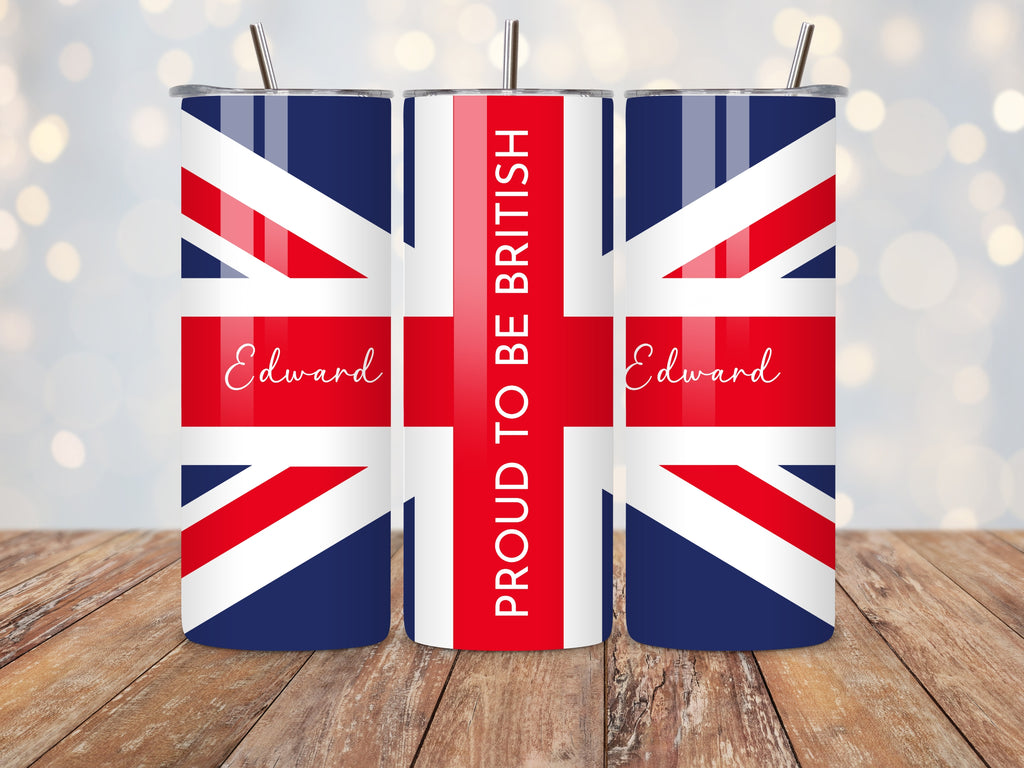 PROUD TO BE BRITISH Union Jack Tumbler – Personalised with ANY Name | Patriotic Gift | British Pride Present | Stainless Steel 20oz Travel Mug