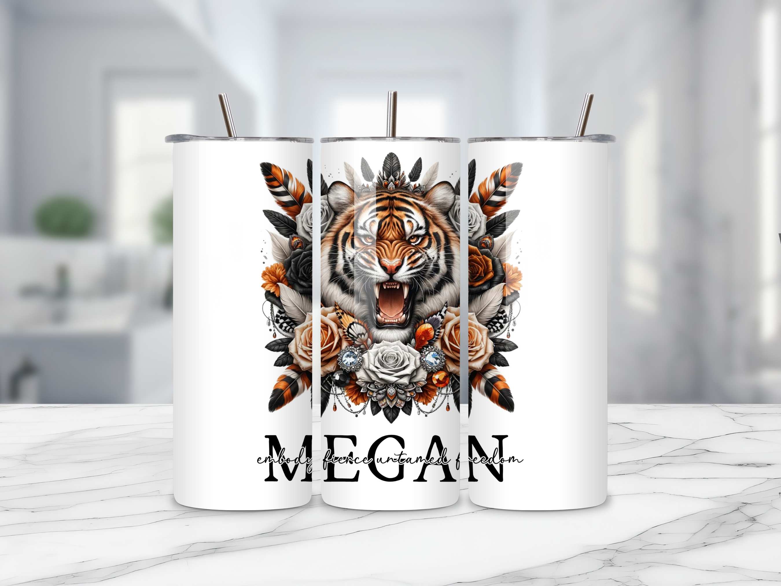 Wild Tiger Floral Drinkware Collection: Personalised Mugs in 11oz/15oz, 20oz Insulated Tumblers, MDF Coasters - Exotic Gifts for Wildlife Enthusiasts