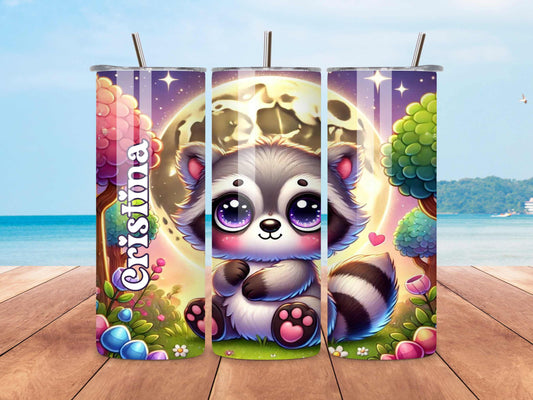 Raccoon Tumbler - Kawaii Moon Design, Custom Name, 20oz Stainless Steel