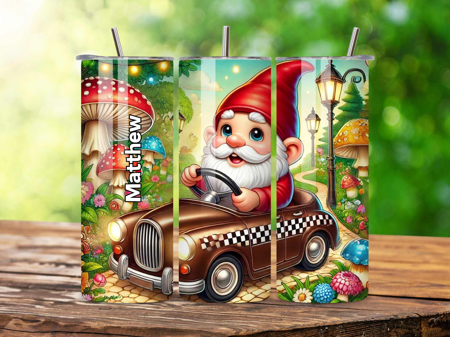 Garden Gnome Taxi Tumbler - Custom Name Fairy-Tale Design, 20oz Stainless Steel, Insulated Drinkware for Hot & Cold Beverages