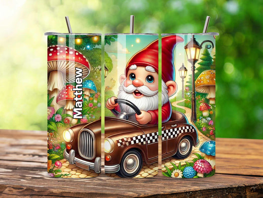 Garden Gnome Taxi Tumbler - Custom Name Fairy-Tale Design, 20oz Stainless Steel, Insulated Drinkware for Hot & Cold Beverages