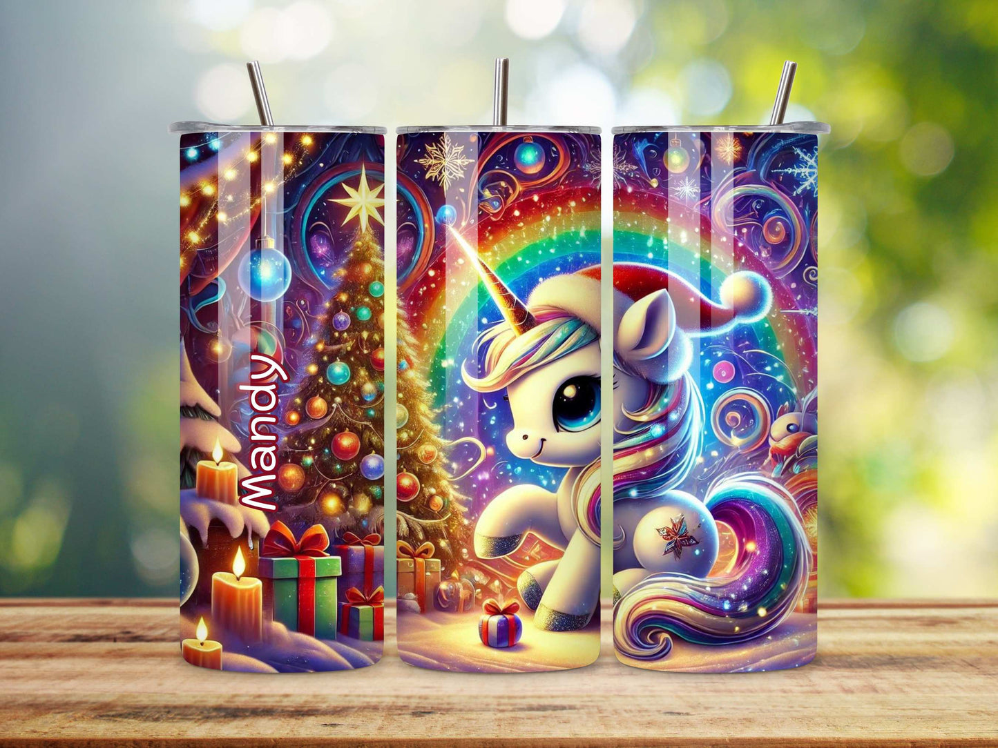 Personalised Unicorn Christmas Tumbler, Festive Kids Drinkware, Stainless Steel Insulated Tumbler with Straw