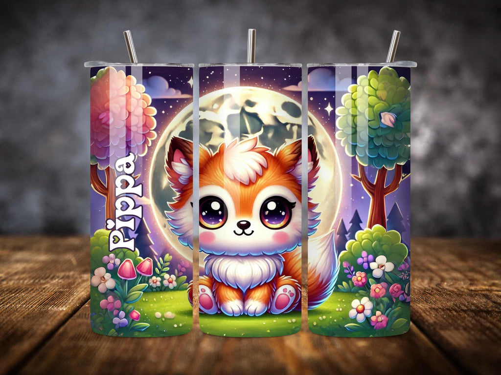 Personalised Kawaii Baby Fox Tumbler - Custom Name, Moon & Forest Background, Cute Kids Drinkware, Stainless Steel, Insulated Travel Cup