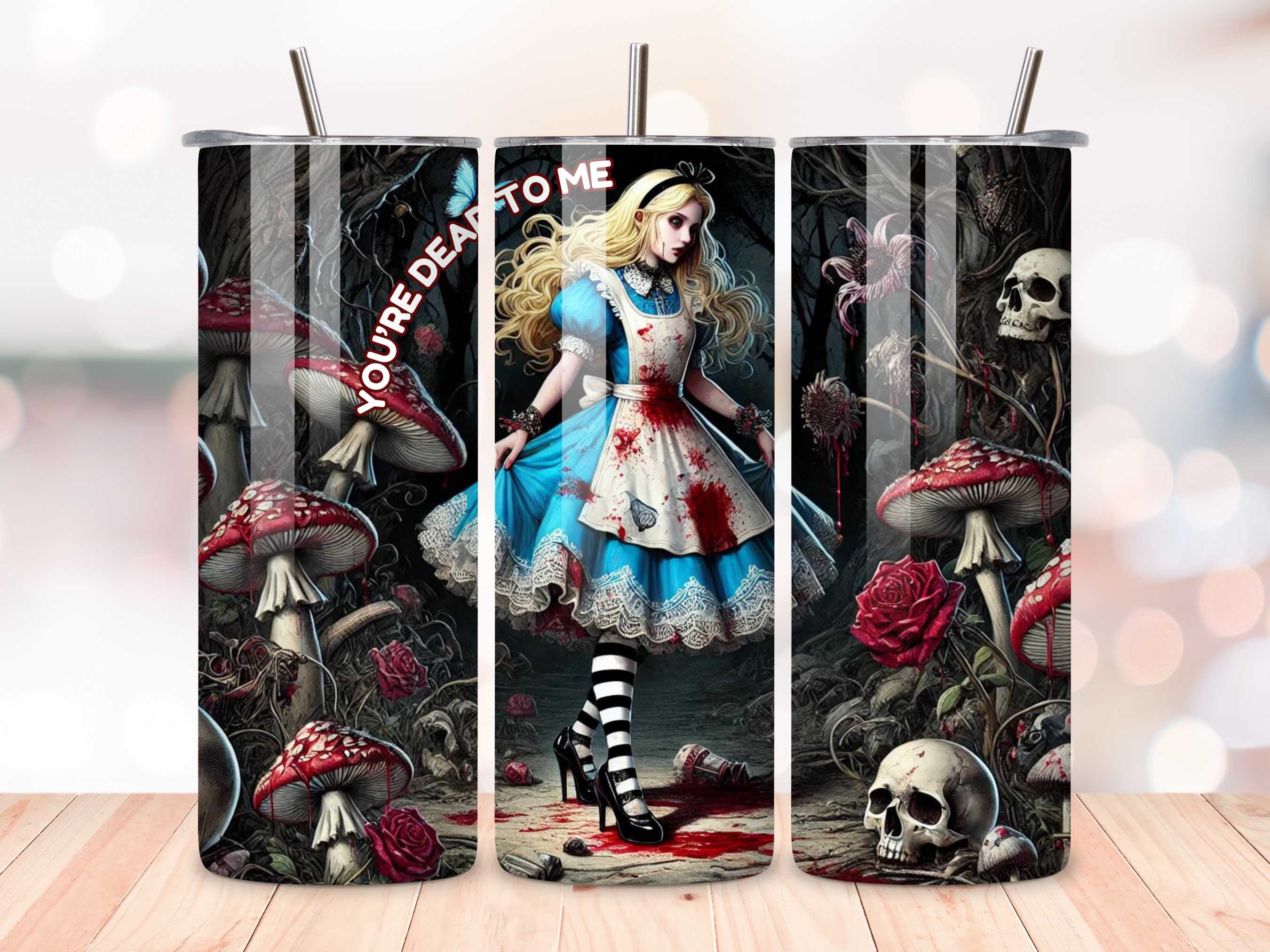 You're Dead to Me Gothic Alice's Adventures in Wonderland Tumbler - 20oz Stainless Steel, Spill-Proof, Horror-Themed Drinkware