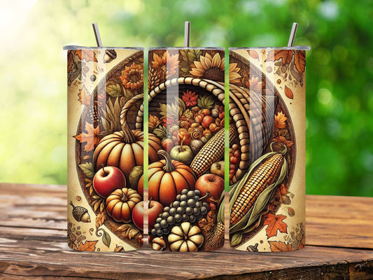Autumn Harvest Cornucopia Tumbler - 20oz Stainless Steel Tumbler
