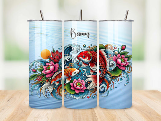 Vibrant Koi Fish and Lotus Flower Personalised Tumbler – 20oz Stainless Steel Insulated Tumbler with Lid & Straws