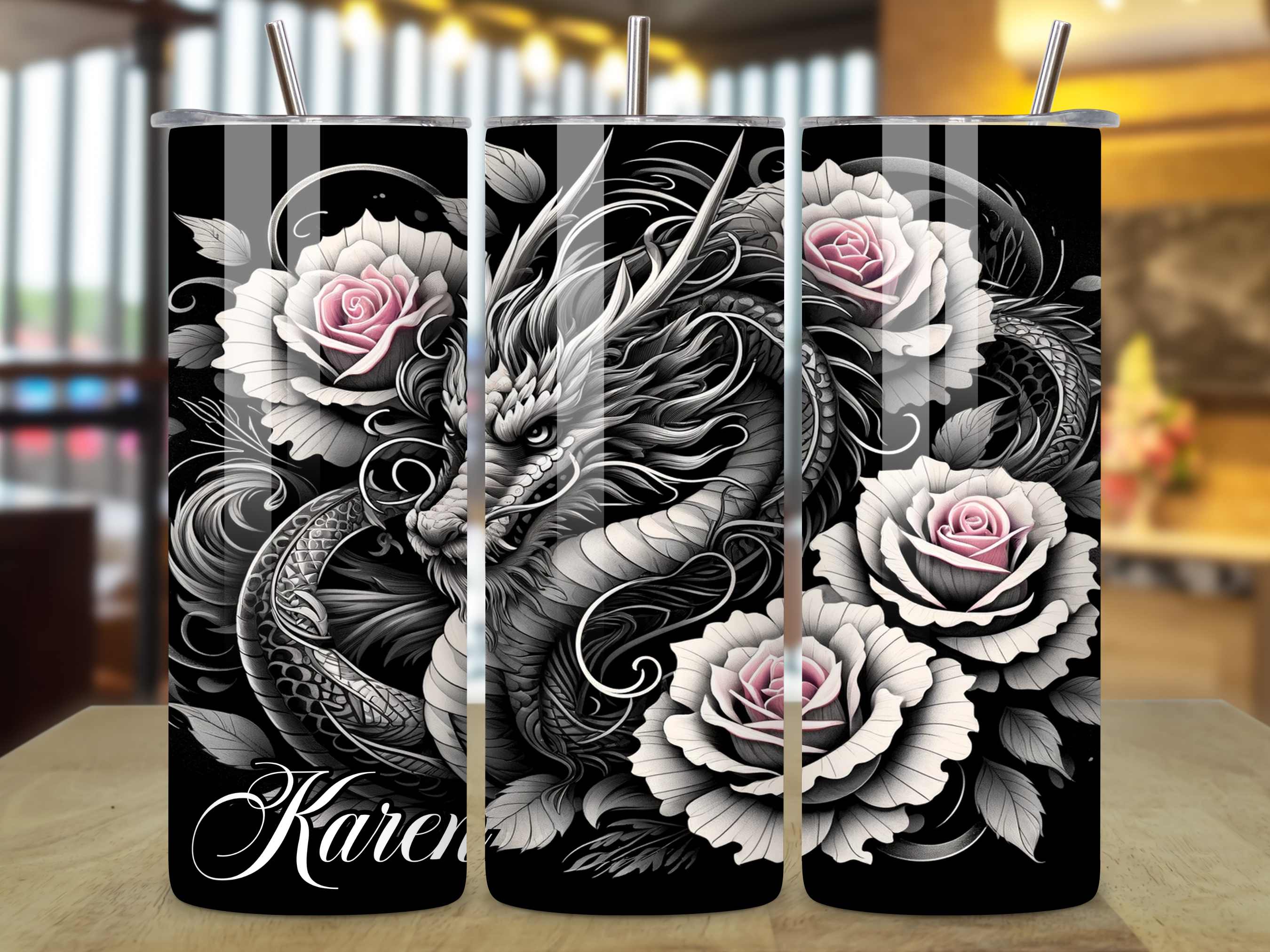 Dragon and Roses Tumbler - Custom Name 20oz Stainless Steel Tumbler