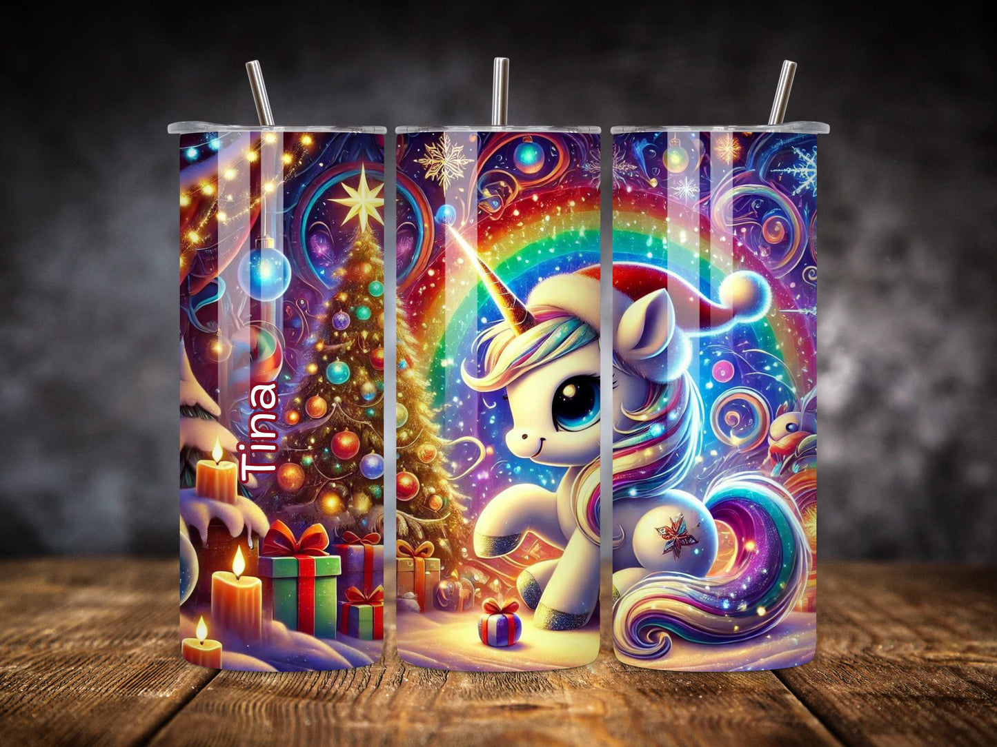 Personalised Unicorn Christmas Tumbler, Festive Kids Drinkware, Stainless Steel Insulated Tumbler with Straw