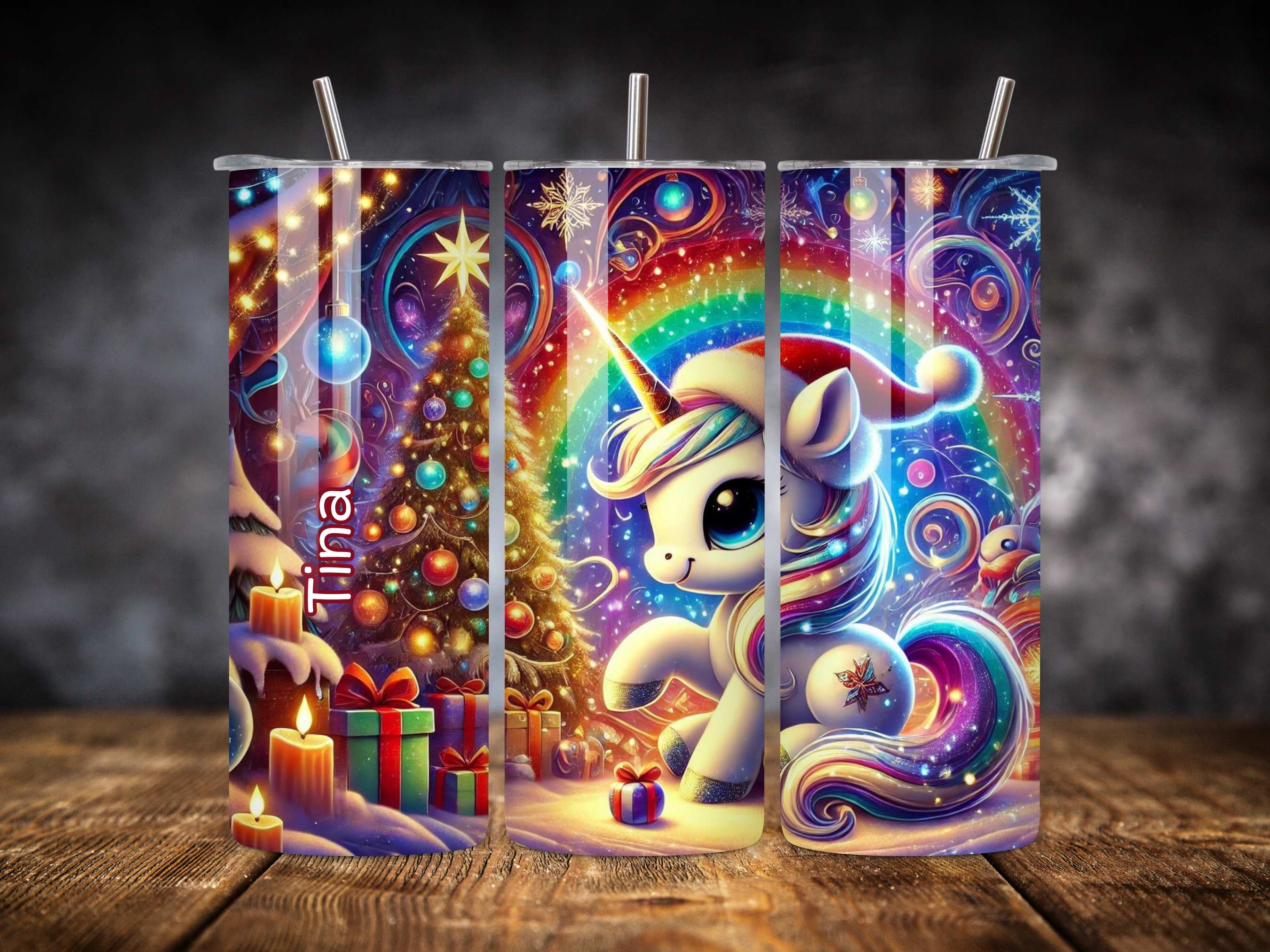 Personalised Unicorn Christmas Tumbler, Festive Kids Drinkware, Stainless Steel Insulated Tumbler with Straw