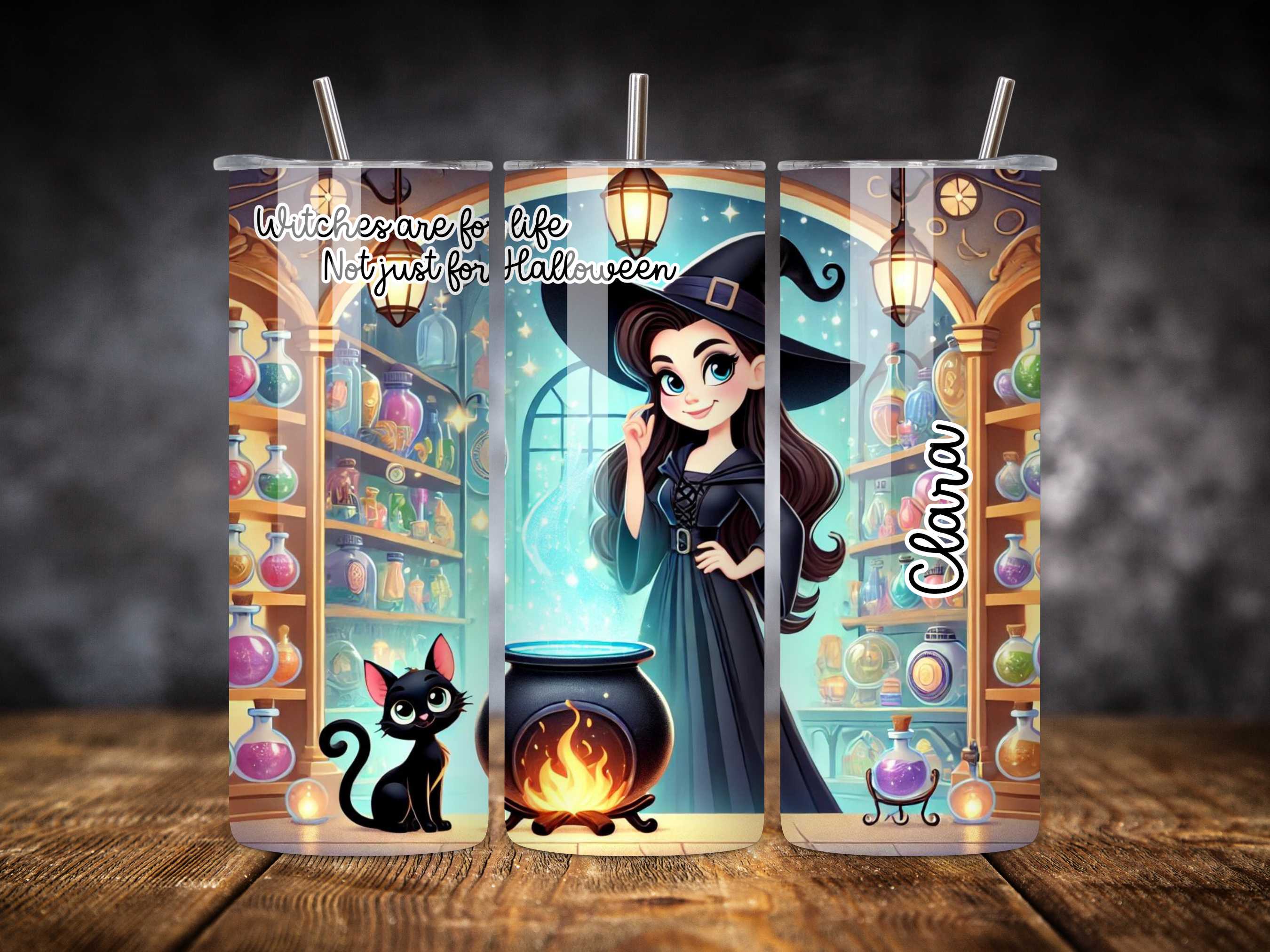 Witches Are For Life Not Just For Halloween Personalised Tumbler, Magical Witch and Black Cat Design, 20oz Stainless Steel Travel Mug, Spooky Gift, Halloween Drinkware
