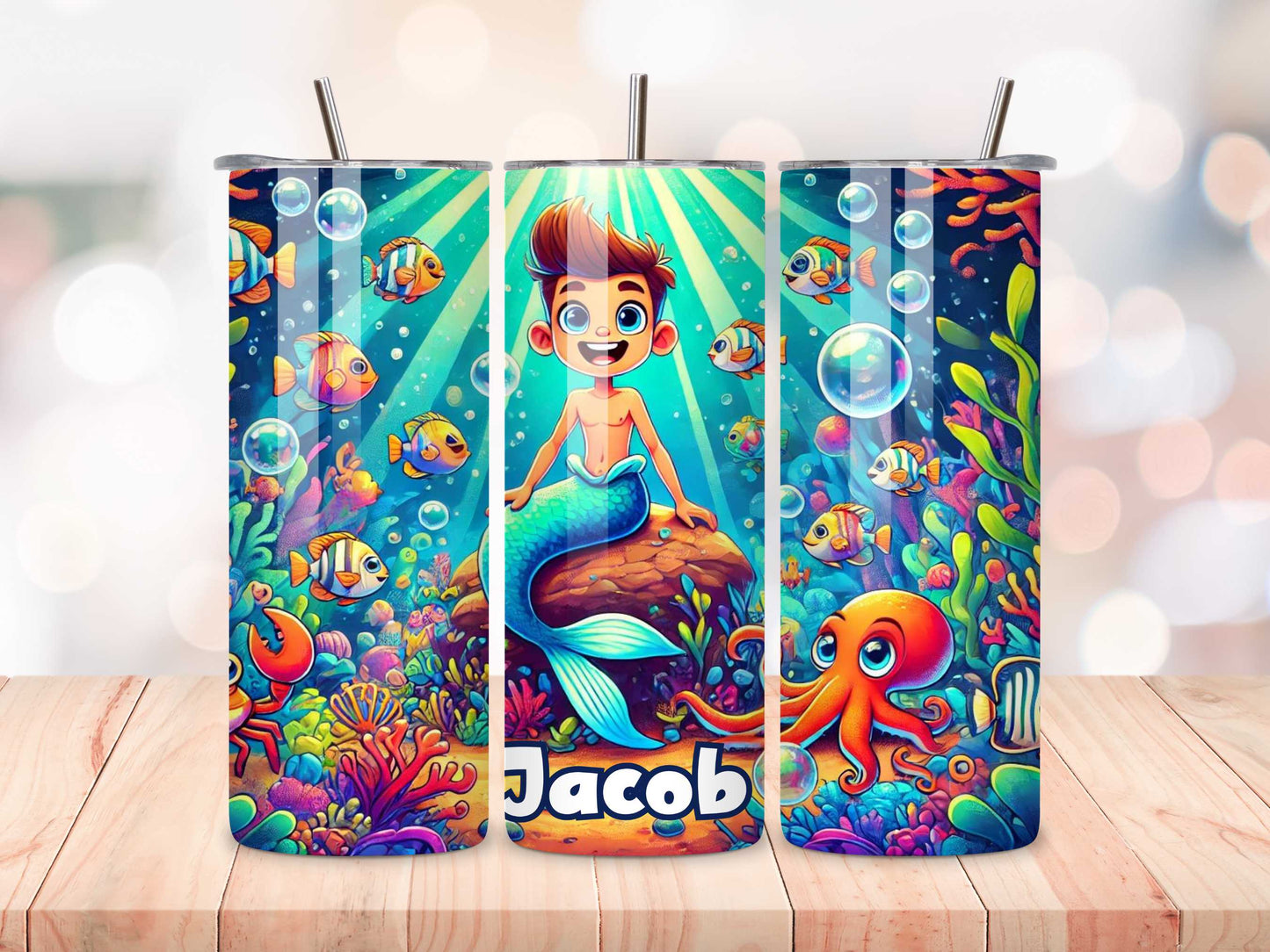 Personalised Merboy Tumbler – Kids 20oz Insulated Drinkware, Custom Name, Sea Life Design, Boys Mermaid Lover Gift