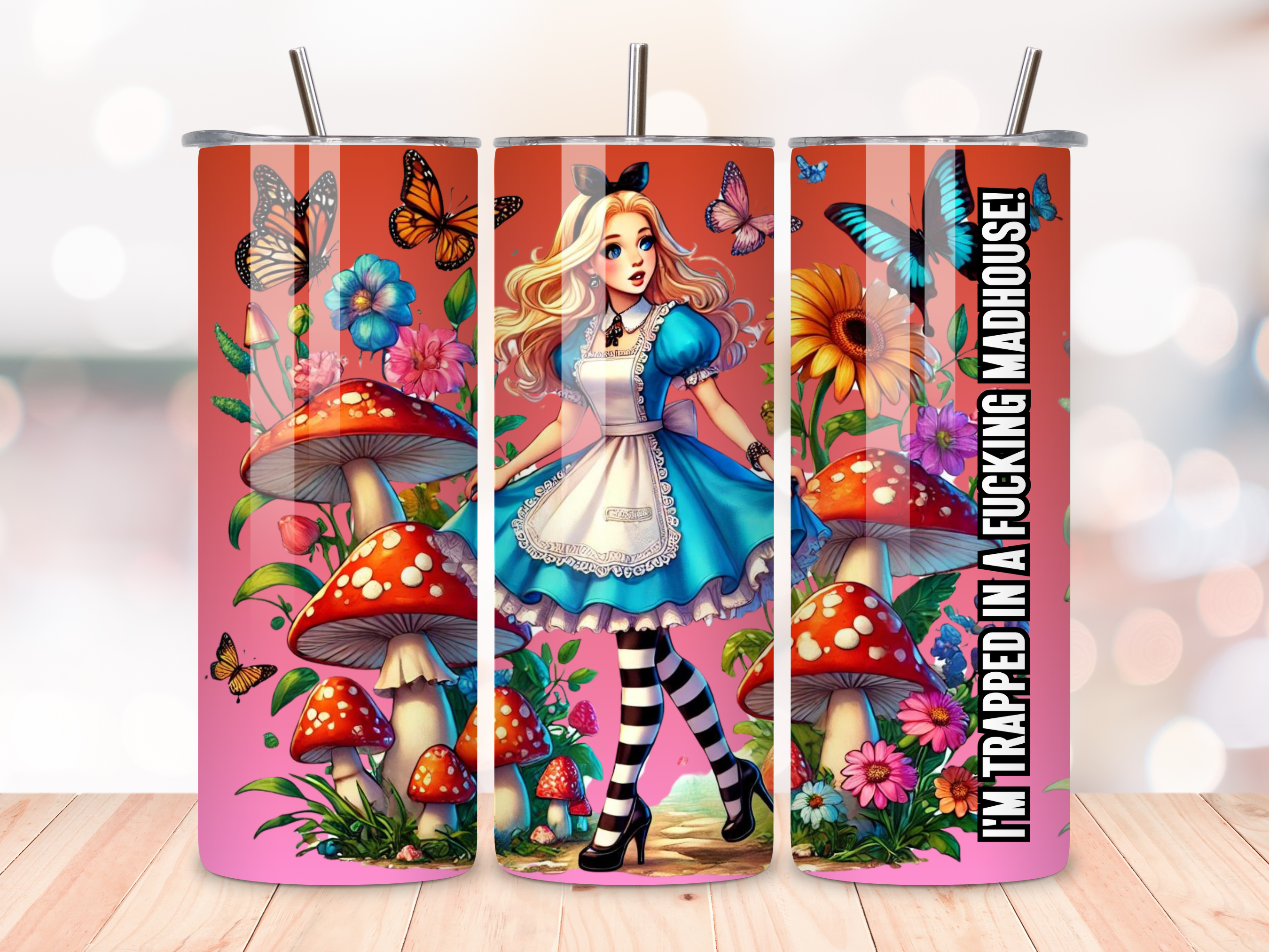 I'm Trapped in a Fucking Madhouse! - Alice's Adventures in Wonderland Tumbler | Funny Insulated Travel Mug | Stainless Steel 20oz Cup | Spill-Proof Lid | Hot & Cold Drinks | Unique Gift Idea