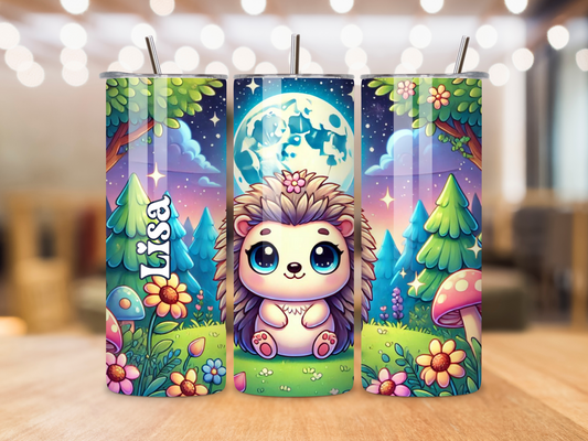 Hedgehog Tumbler - Custom Name 20oz Stainless Steel Travel Mug, Insulated Coffee Cup with Spill-Proof Lid, Kids Gift, Adorable Forest Design
