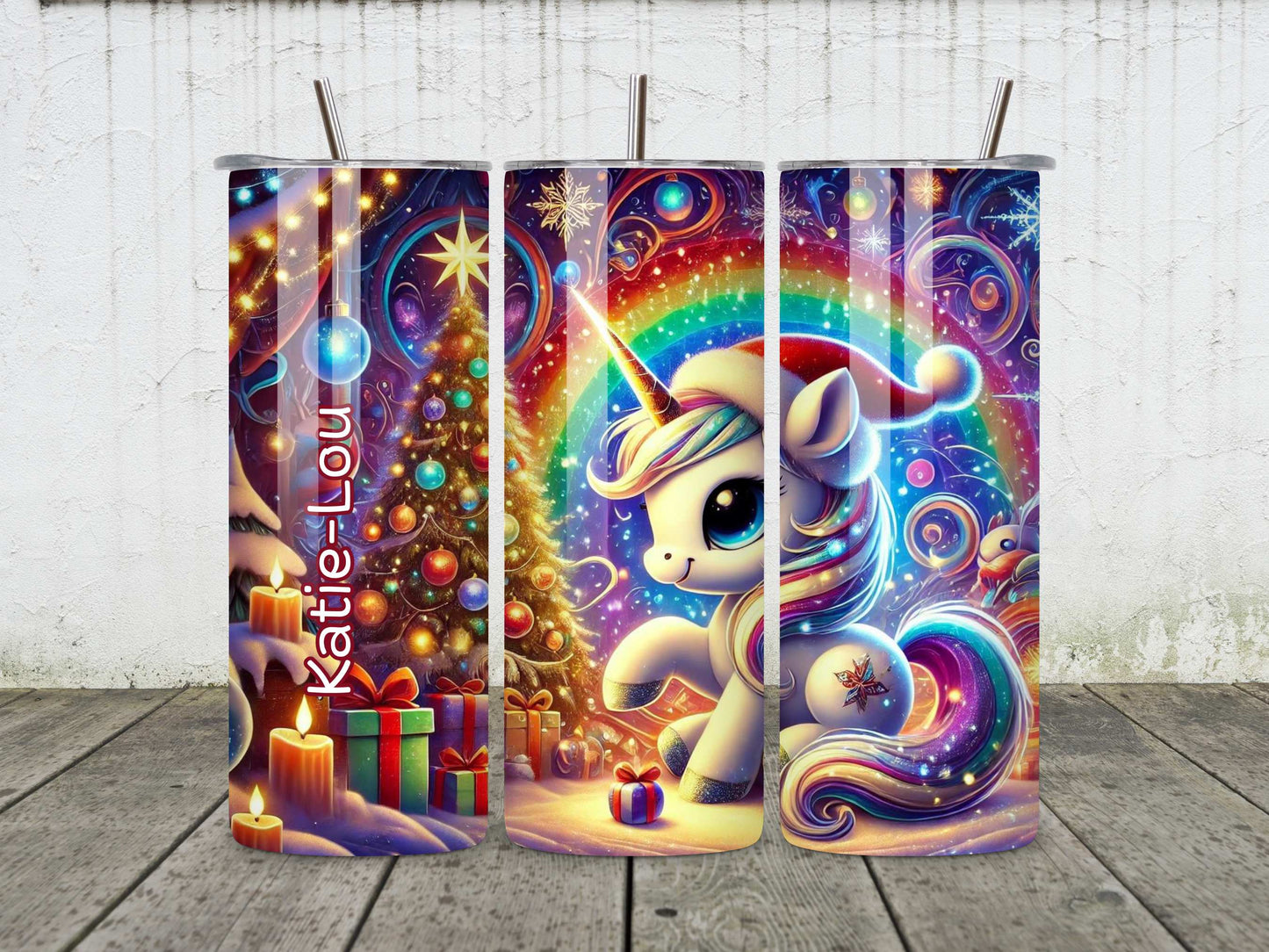 Personalised Unicorn Christmas Tumbler, Festive Kids Drinkware, Stainless Steel Insulated Tumbler with Straw
