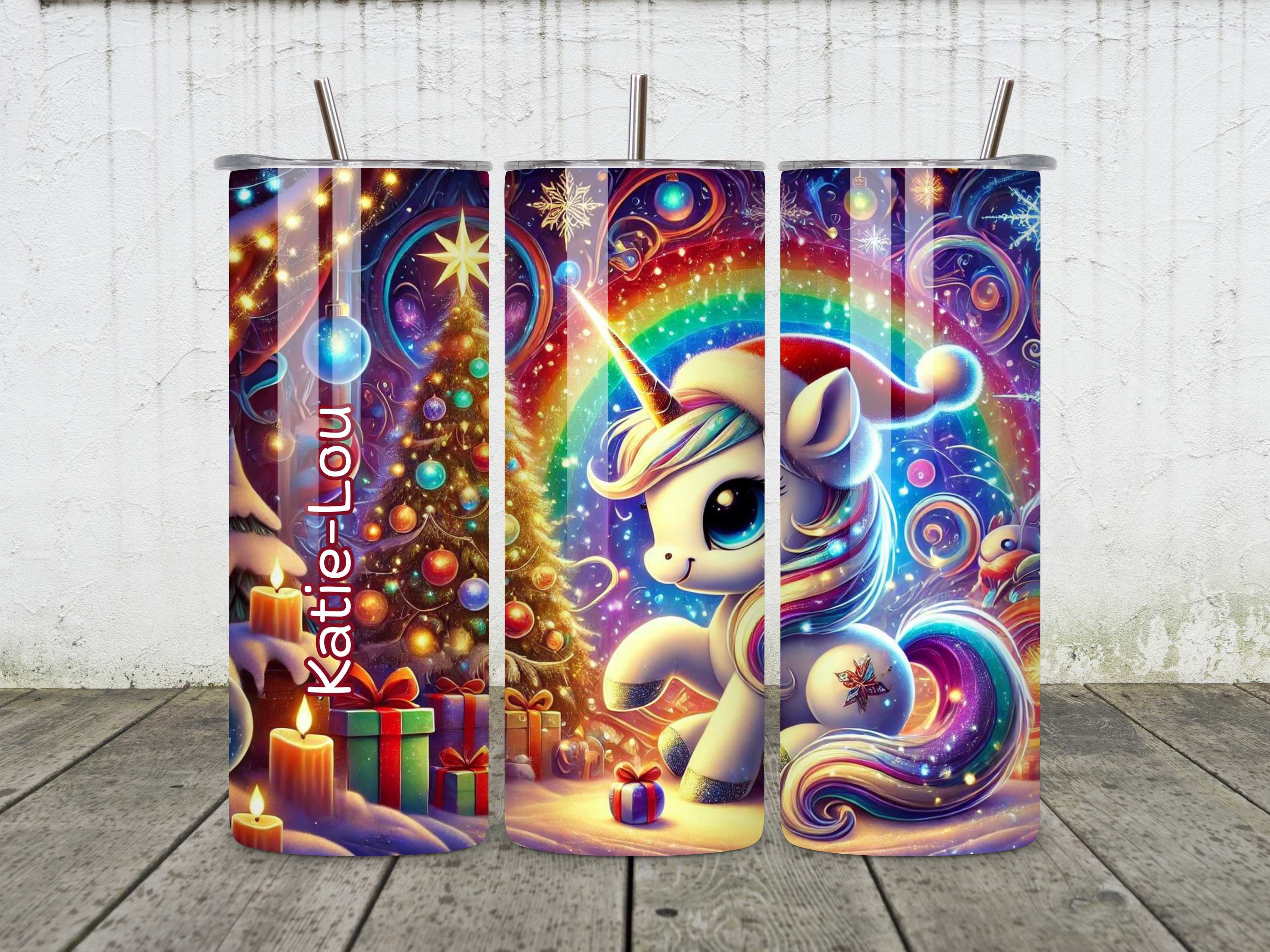 Personalised Unicorn Christmas Tumbler, Festive Kids Drinkware, Stainless Steel Insulated Tumbler with Straw