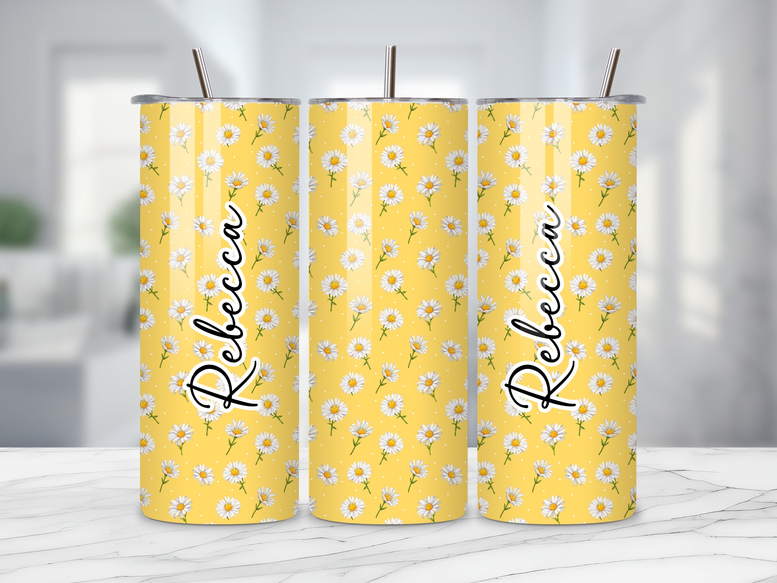 Personalised Yellow Daisy Tumbler - Add ANY Name | Custom Floral Stainless Steel Cup | Gift for Her | Summer Vibes | Cute Aesthetic Tumbler