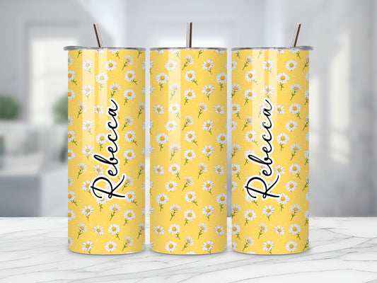 Personalised Yellow Daisy Tumbler - Add ANY Name | Custom Floral Stainless Steel Cup | Gift for Her | Summer Vibes | Cute Aesthetic Tumbler
