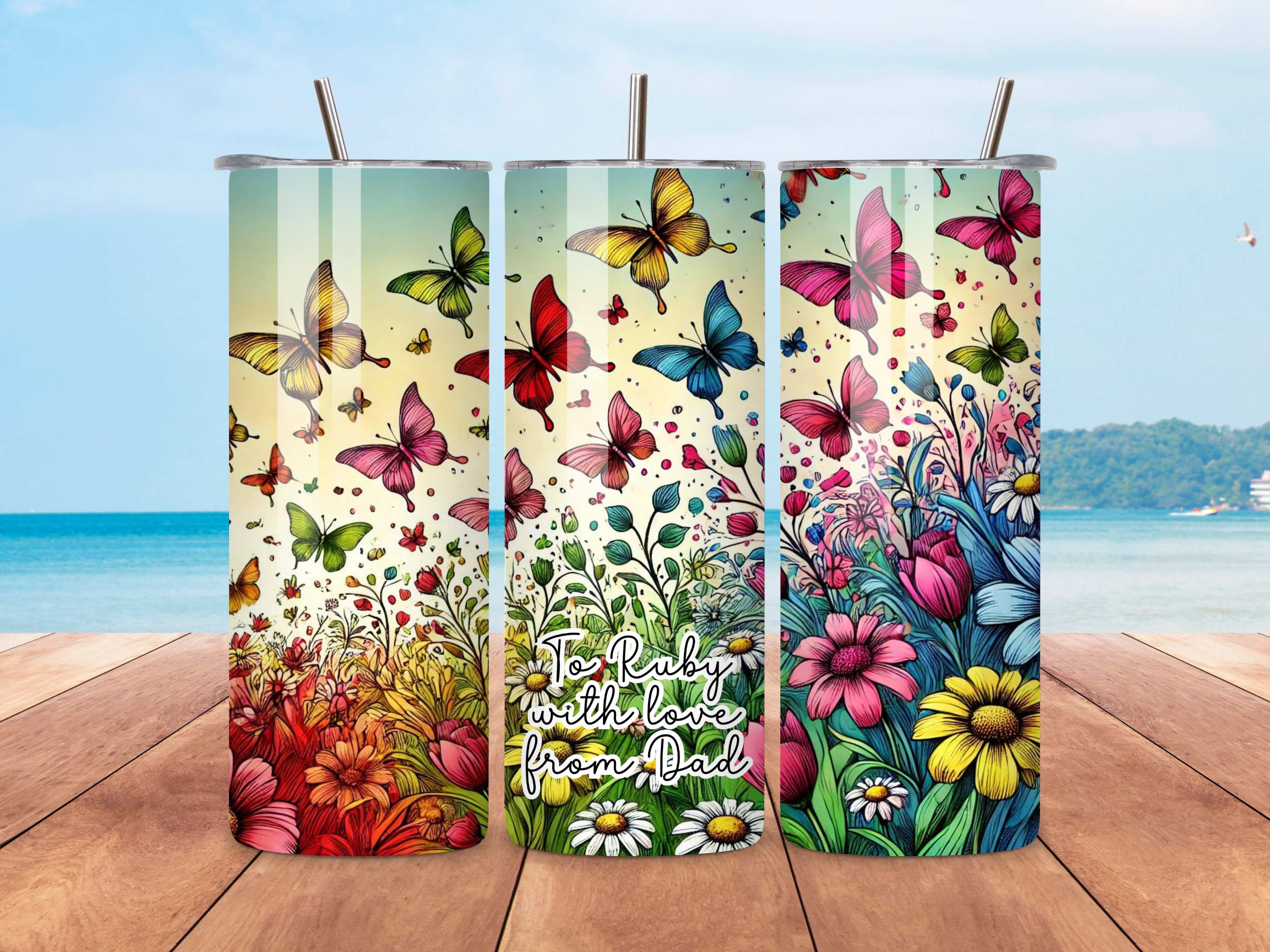 Personalised Butterfly and Floral Stainless Steel Tumbler, Custom Insulated Drinkware, Ideal Gift, Vibrant Colours