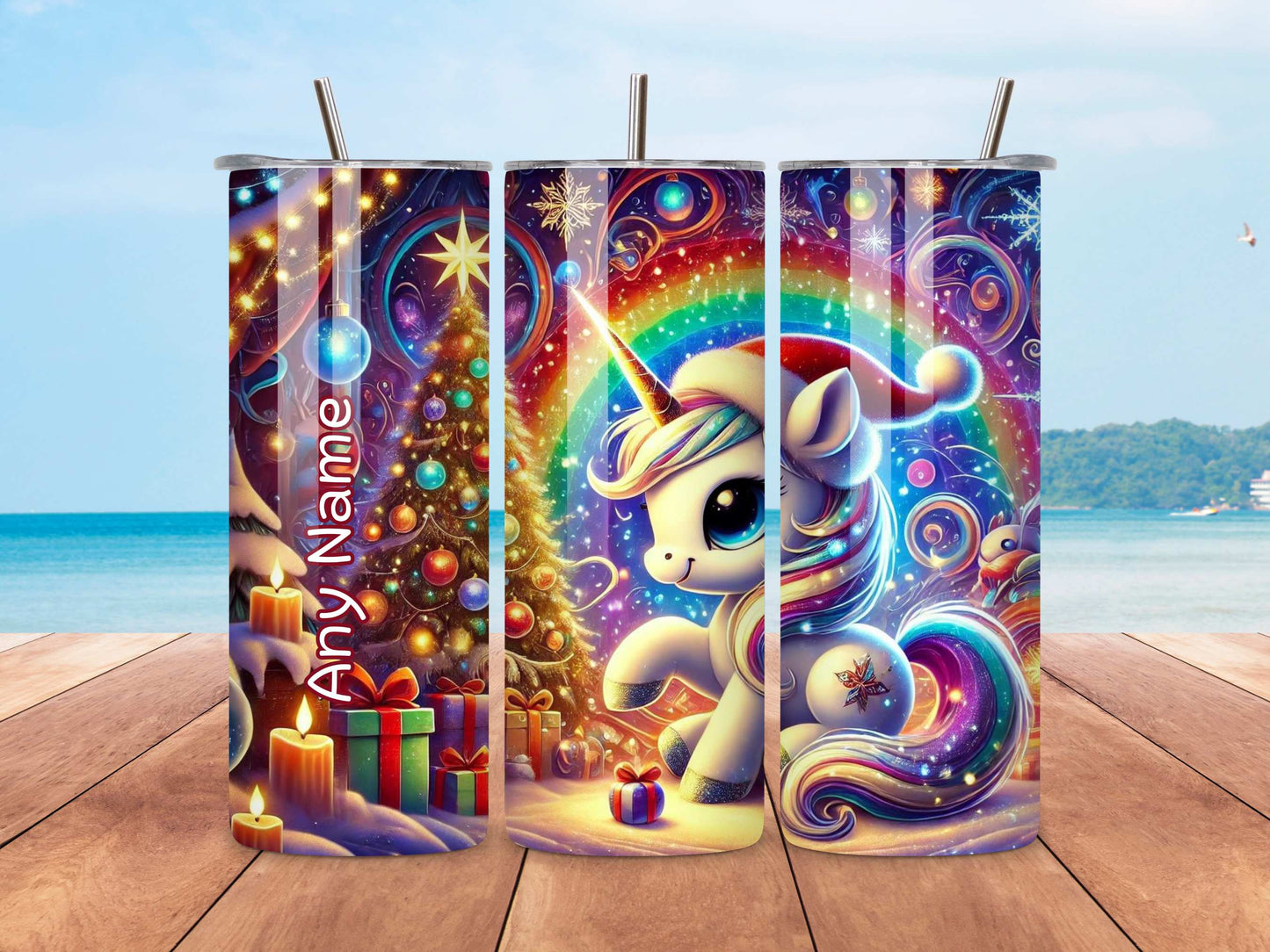 Personalised Unicorn Christmas Tumbler, Festive Kids Drinkware, Stainless Steel Insulated Tumbler with Straw