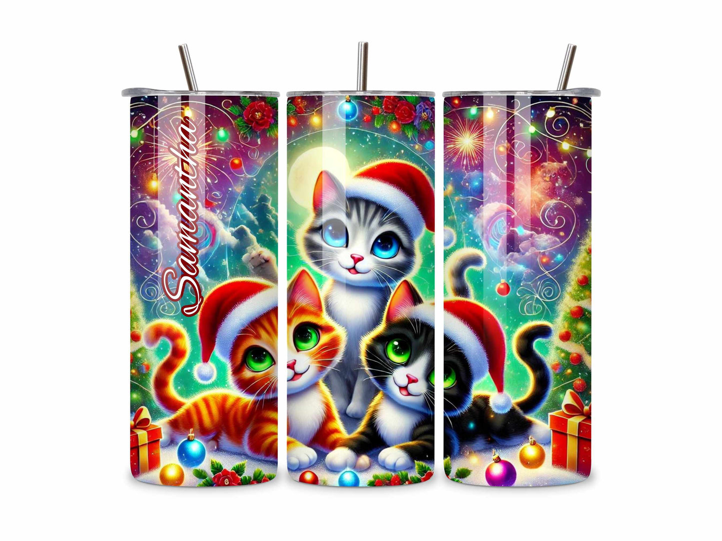 Christmas Cat Tumbler, Festive Stainless Steel Drinkware, Cute Cat Lovers Gift, Keeps Drinks Hot or Cold