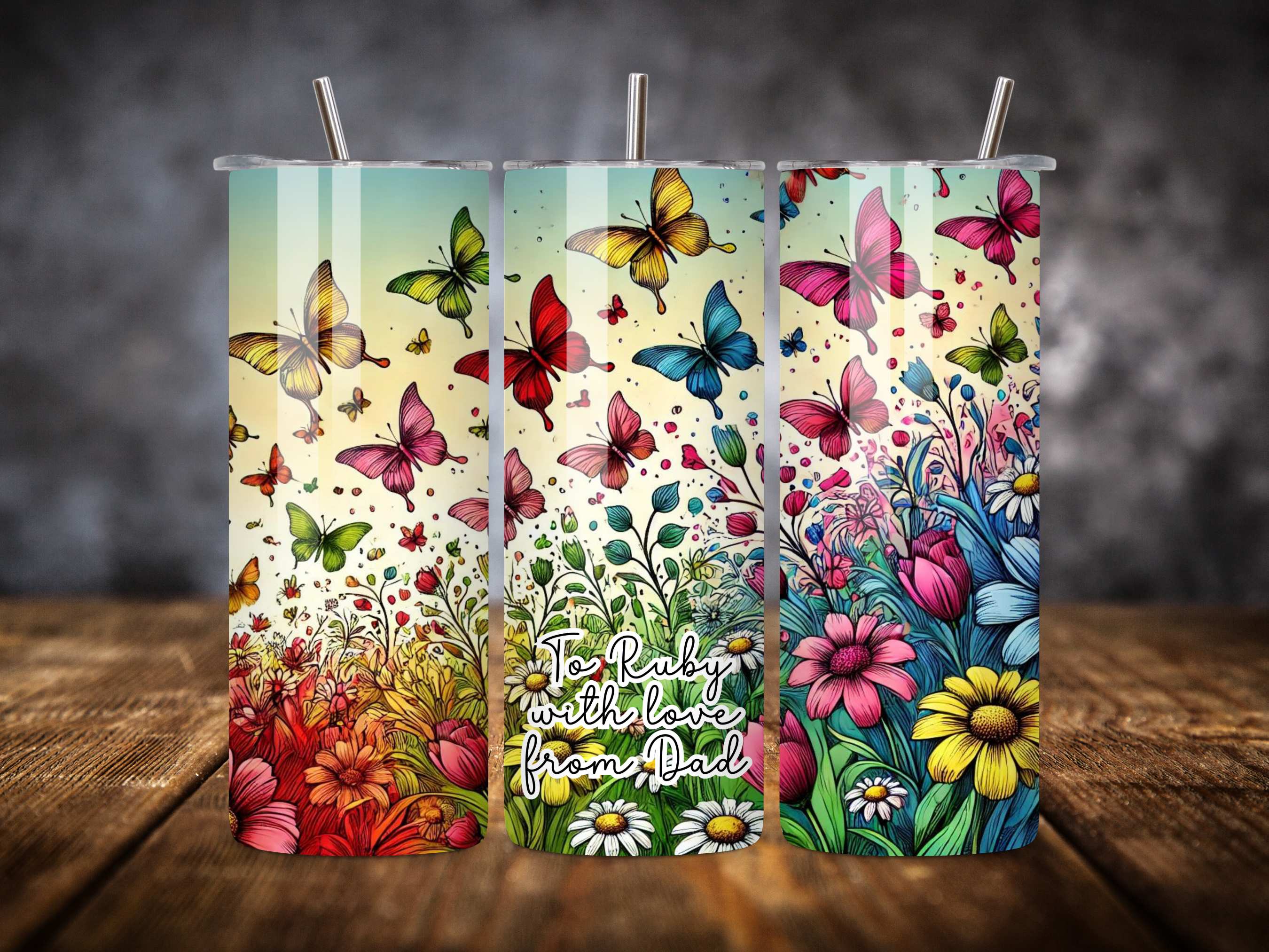 Personalised Butterfly and Floral Stainless Steel Tumbler, Custom Insulated Drinkware, Ideal Gift, Vibrant Colours