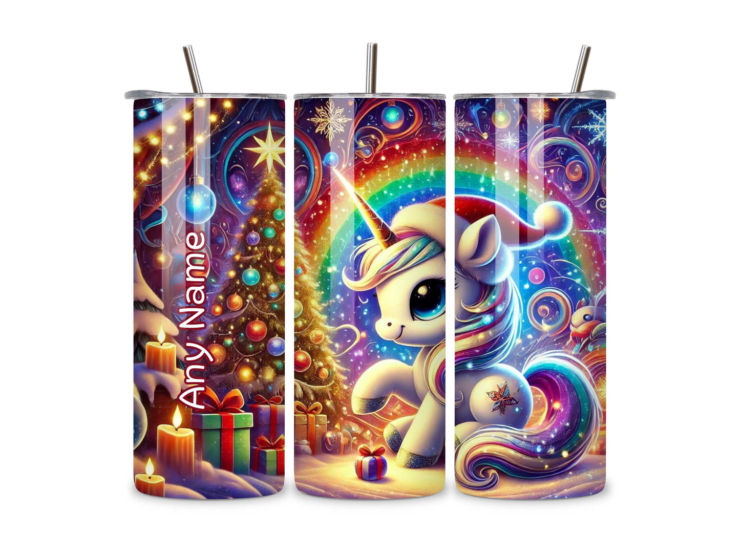 Personalised Unicorn Christmas Tumbler, Festive Kids Drinkware, Stainless Steel Insulated Tumbler with Straw