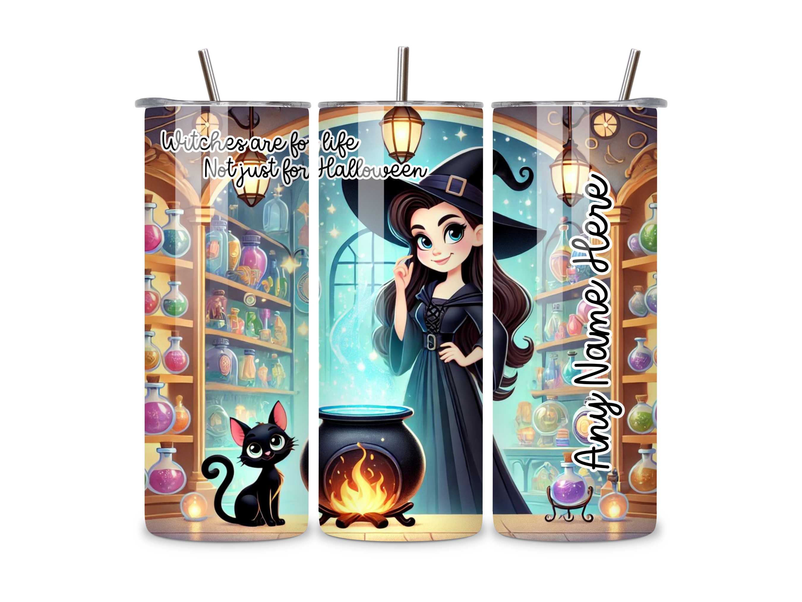 Witches Are For Life Not Just For Halloween Personalised Tumbler, Magical Witch and Black Cat Design, 20oz Stainless Steel Travel Mug, Spooky Gift, Halloween Drinkware
